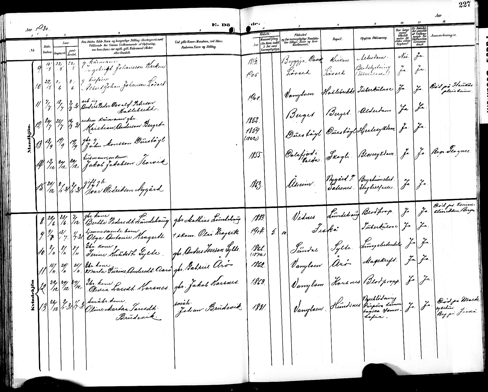 Ministerialprotokoller, klokkerbøker og fødselsregistre - Møre og Romsdal, SAT/A-1454/501/L0018: Parish register (copy) no. 501C04, 1902-1930, p. 227