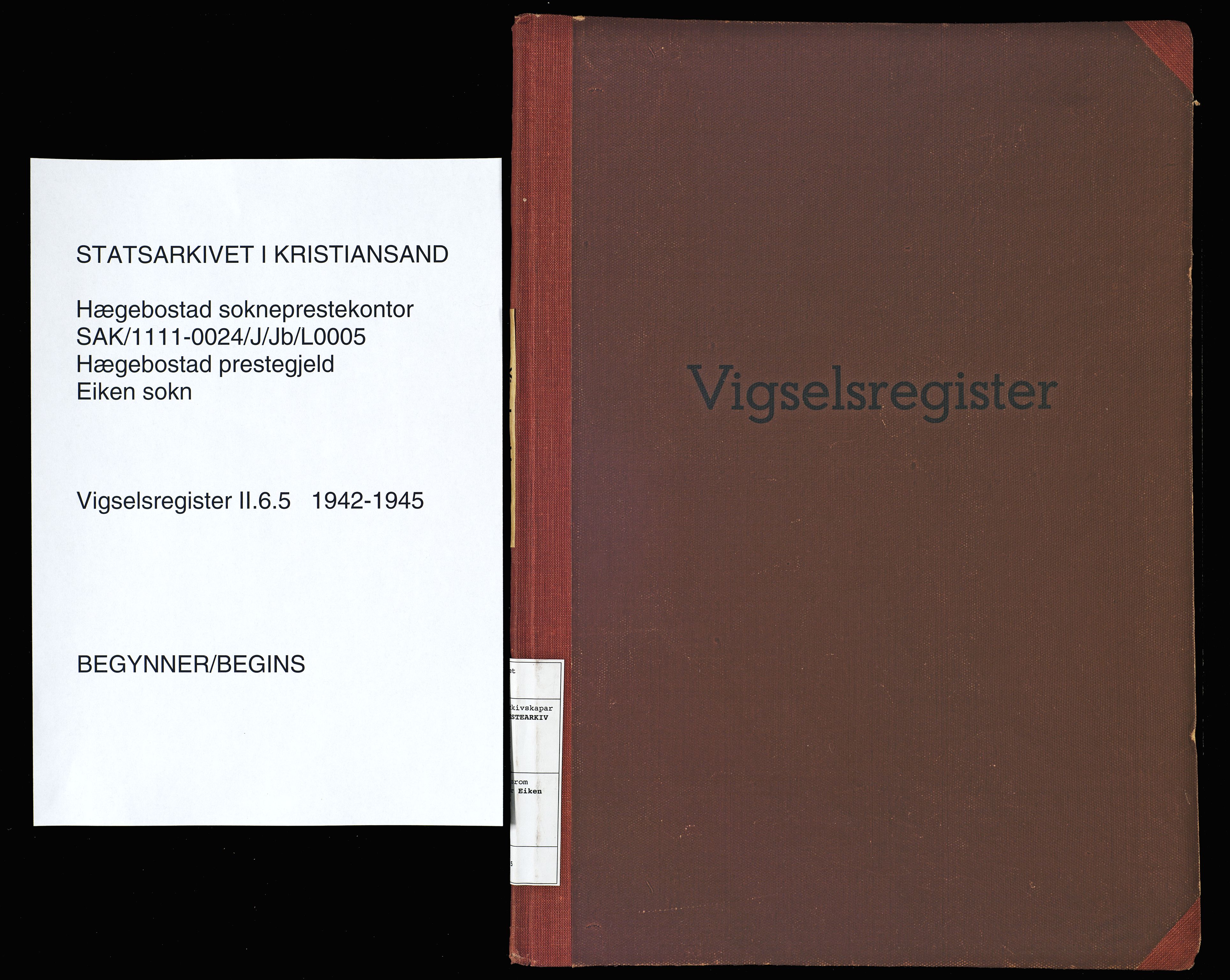 Hægebostad sokneprestkontor, SAK/1111-0024/J/Jb/L0005: Marriage register no. II.6.5, 1942-1945