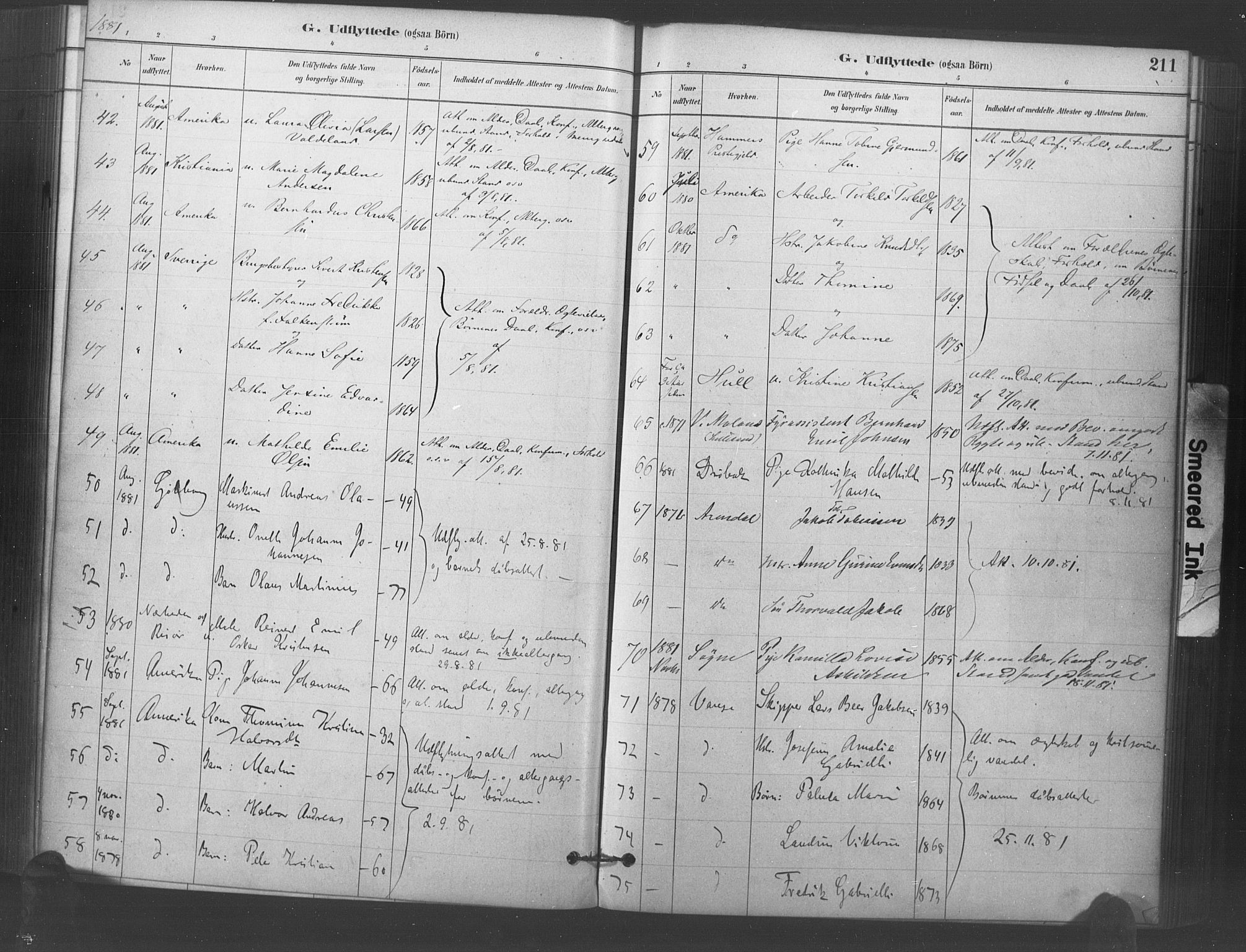 Kristiansand domprosti, AV/SAK-1112-0006/F/Fa/L0018: Parish register (official) no. A 17, 1880-1892, p. 211