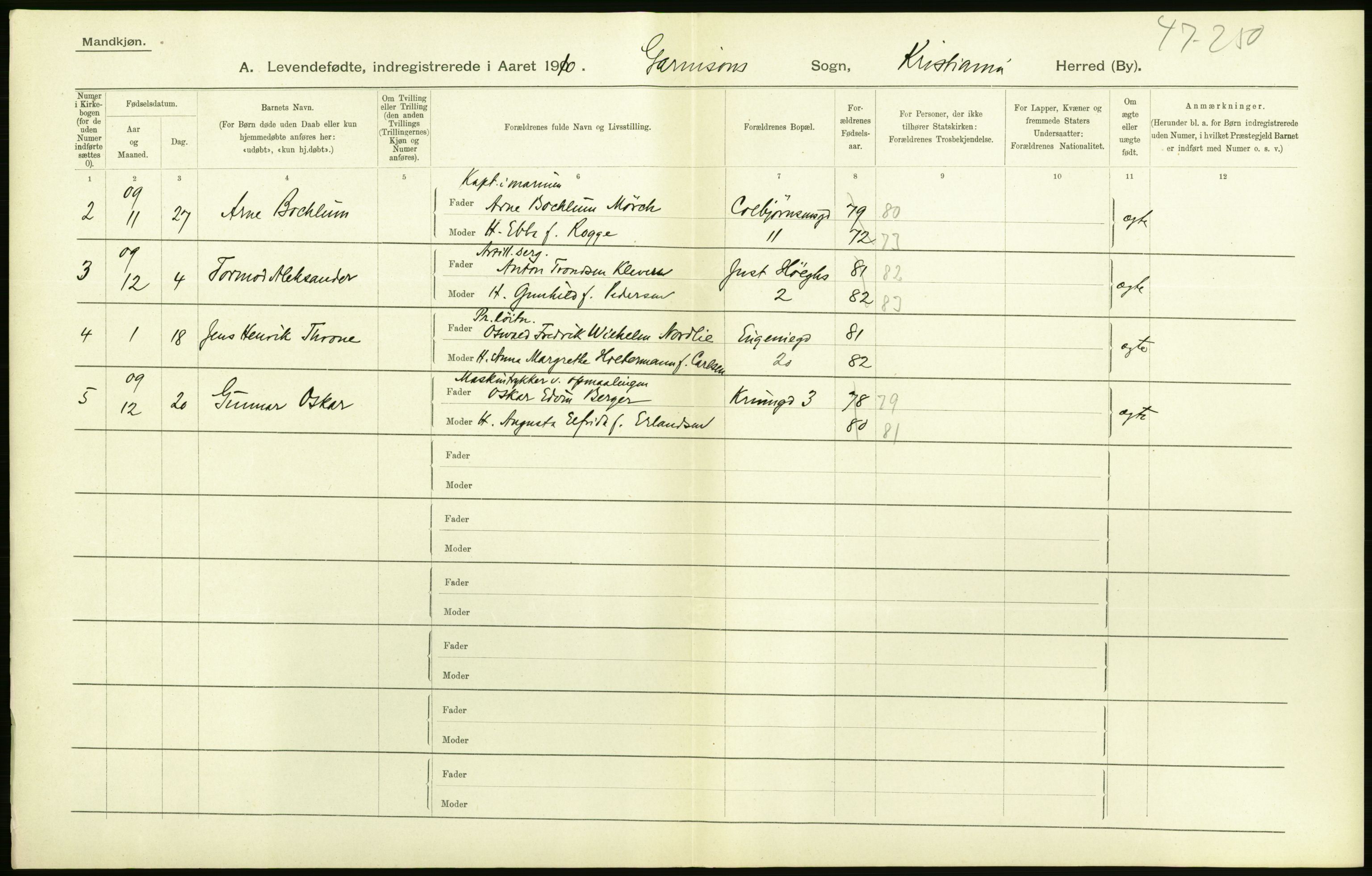 Statistisk sentralbyrå, Sosiodemografiske emner, Befolkning, RA/S-2228/D/Df/Dfa/Dfah/L0006: Kristiania: Levendefødte menn., 1910, p. 190