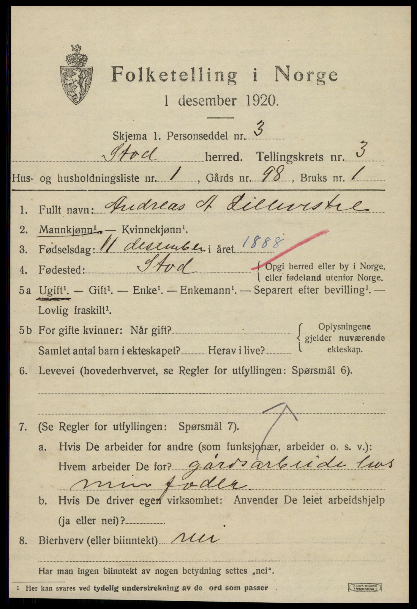 SAT, 1920 census for Stod, 1920, p. 2218