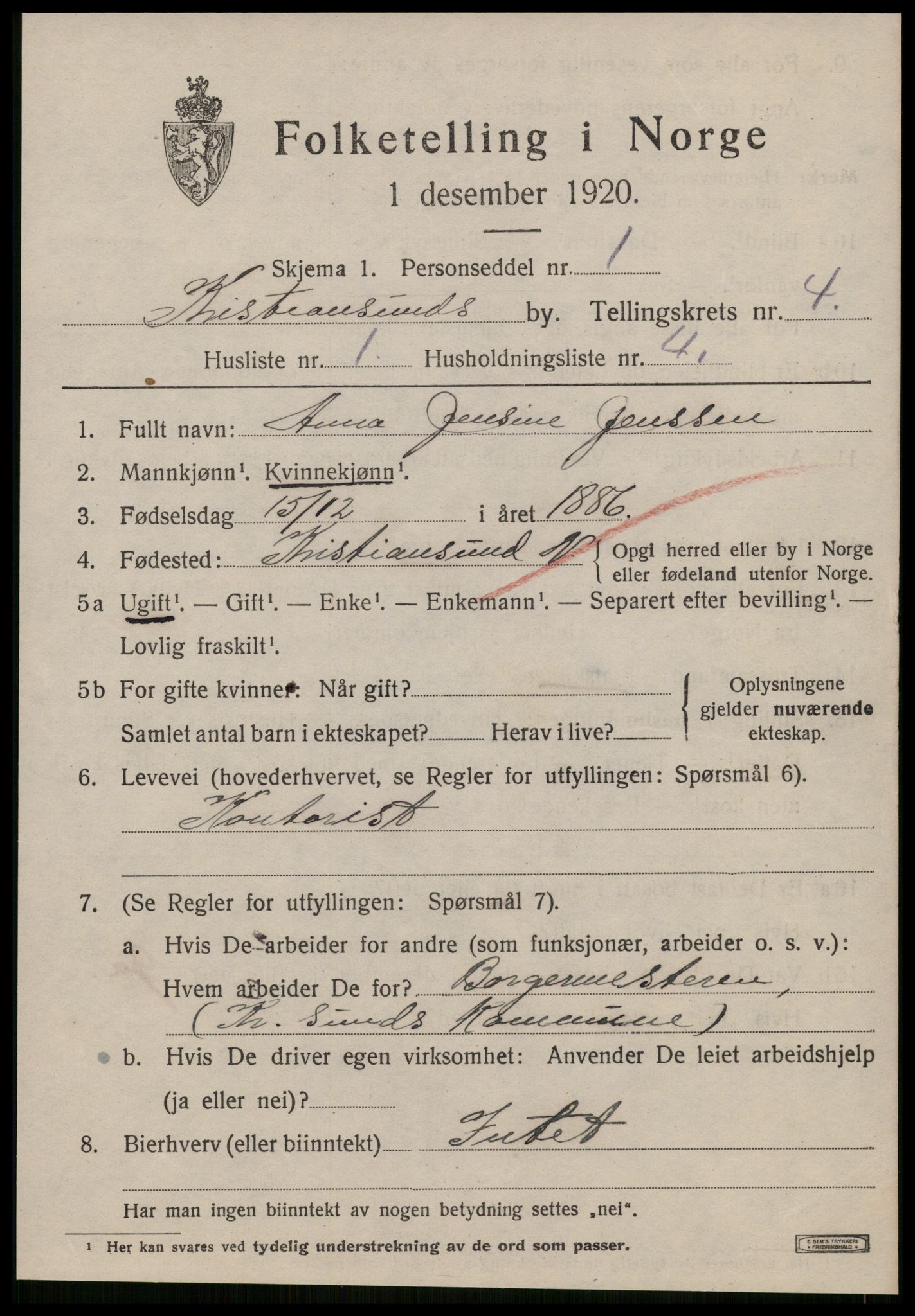 SAT, 1920 census for Kristiansund, 1920, p. 14919