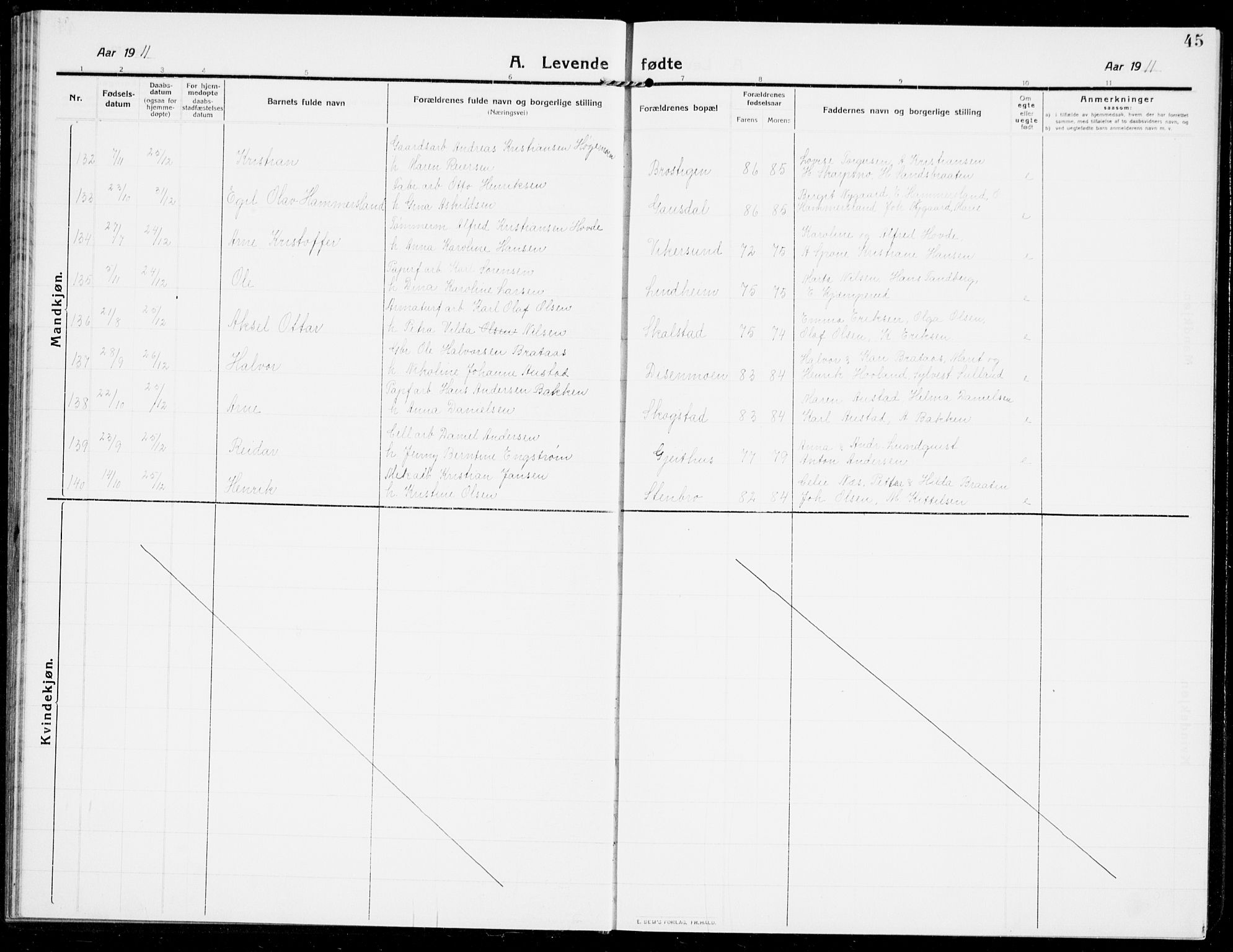 Modum kirkebøker, AV/SAKO-A-234/G/Ga/L0009: Parish register (copy) no. I 9, 1909-1923, p. 45