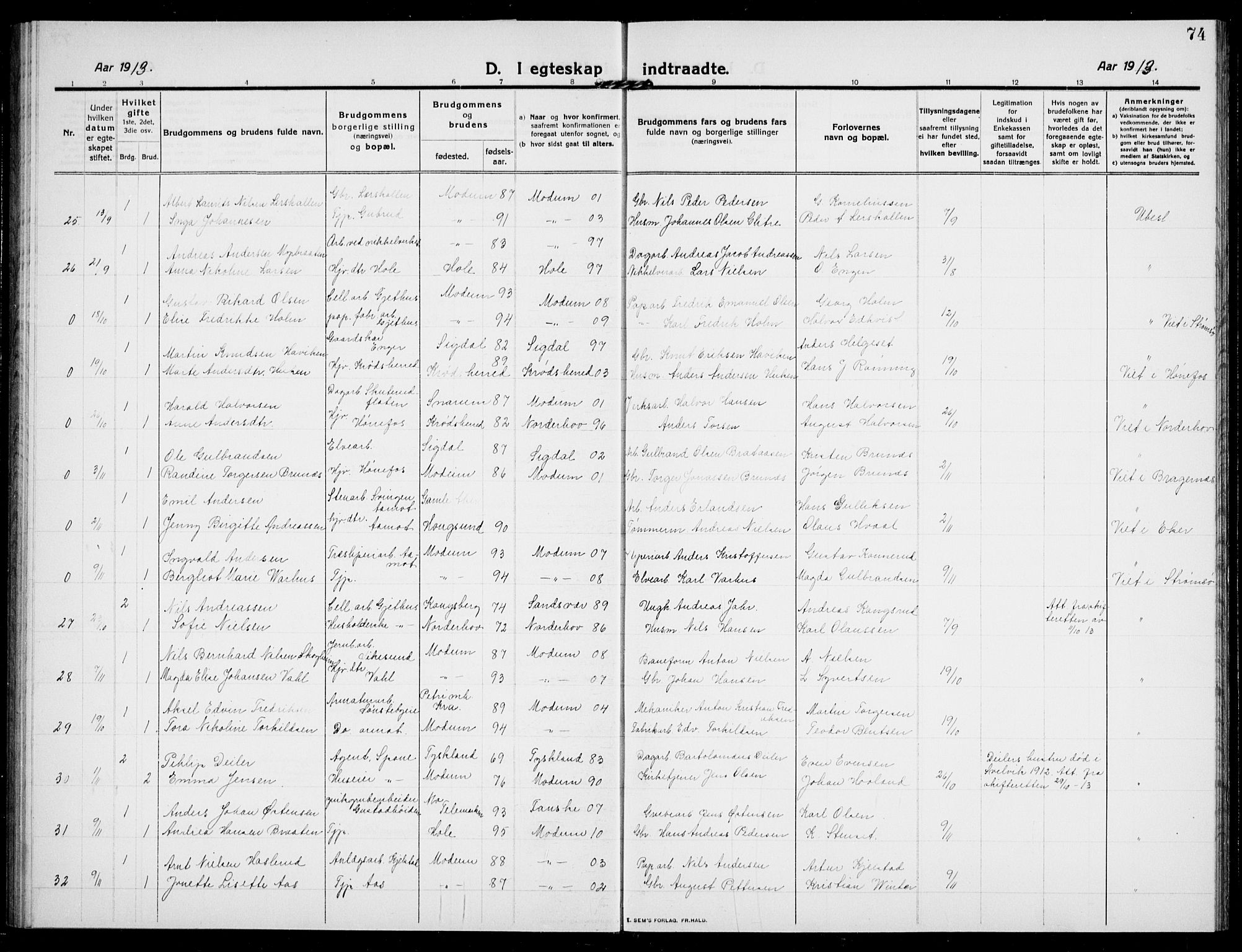 Modum kirkebøker, AV/SAKO-A-234/G/Ga/L0010: Parish register (copy) no. I 10, 1909-1923, p. 74