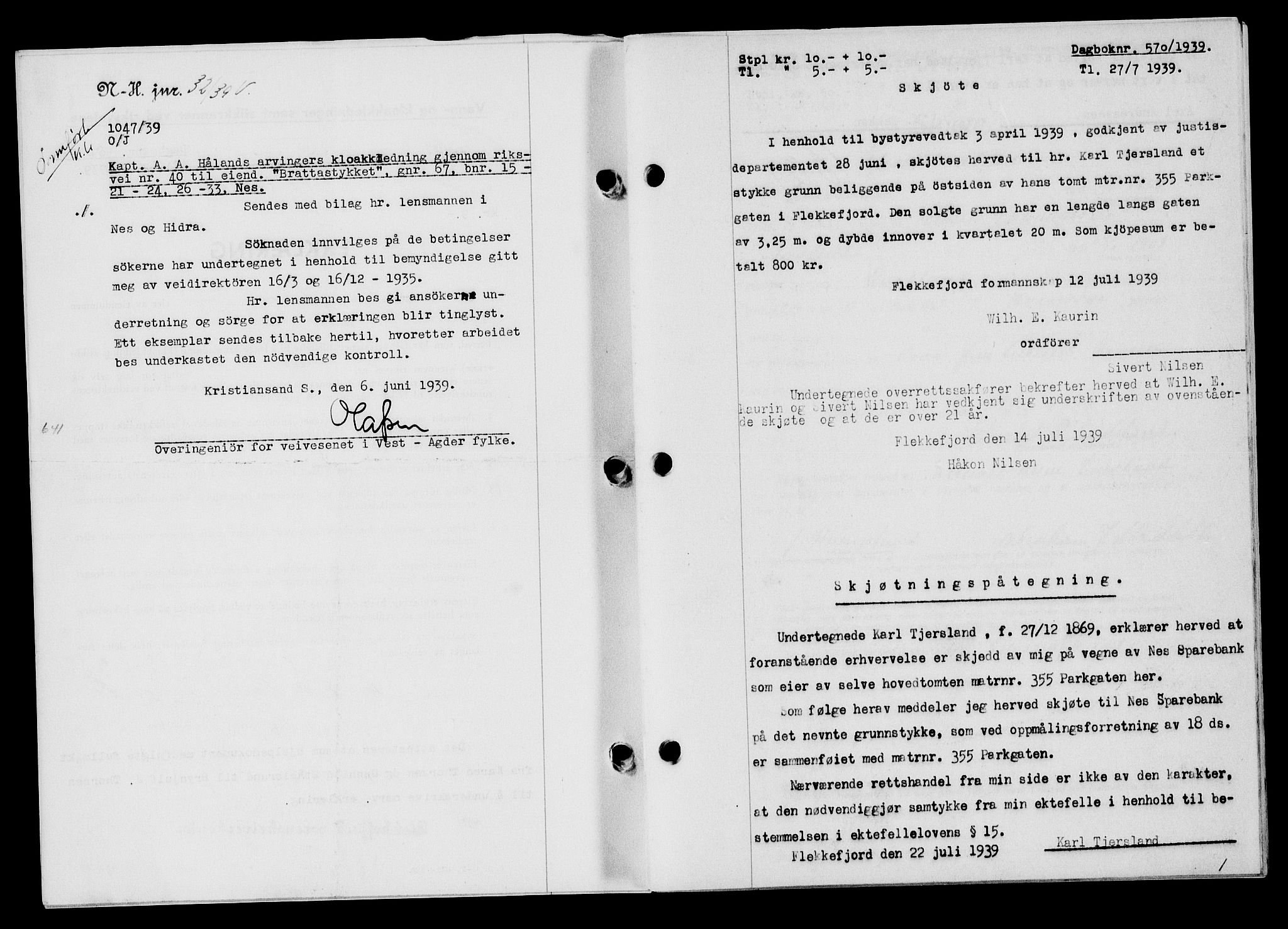 Flekkefjord sorenskriveri, AV/SAK-1221-0001/G/Gb/Gba/L0055: Mortgage book no. A-3, 1939-1939, Diary no: : 570/1939