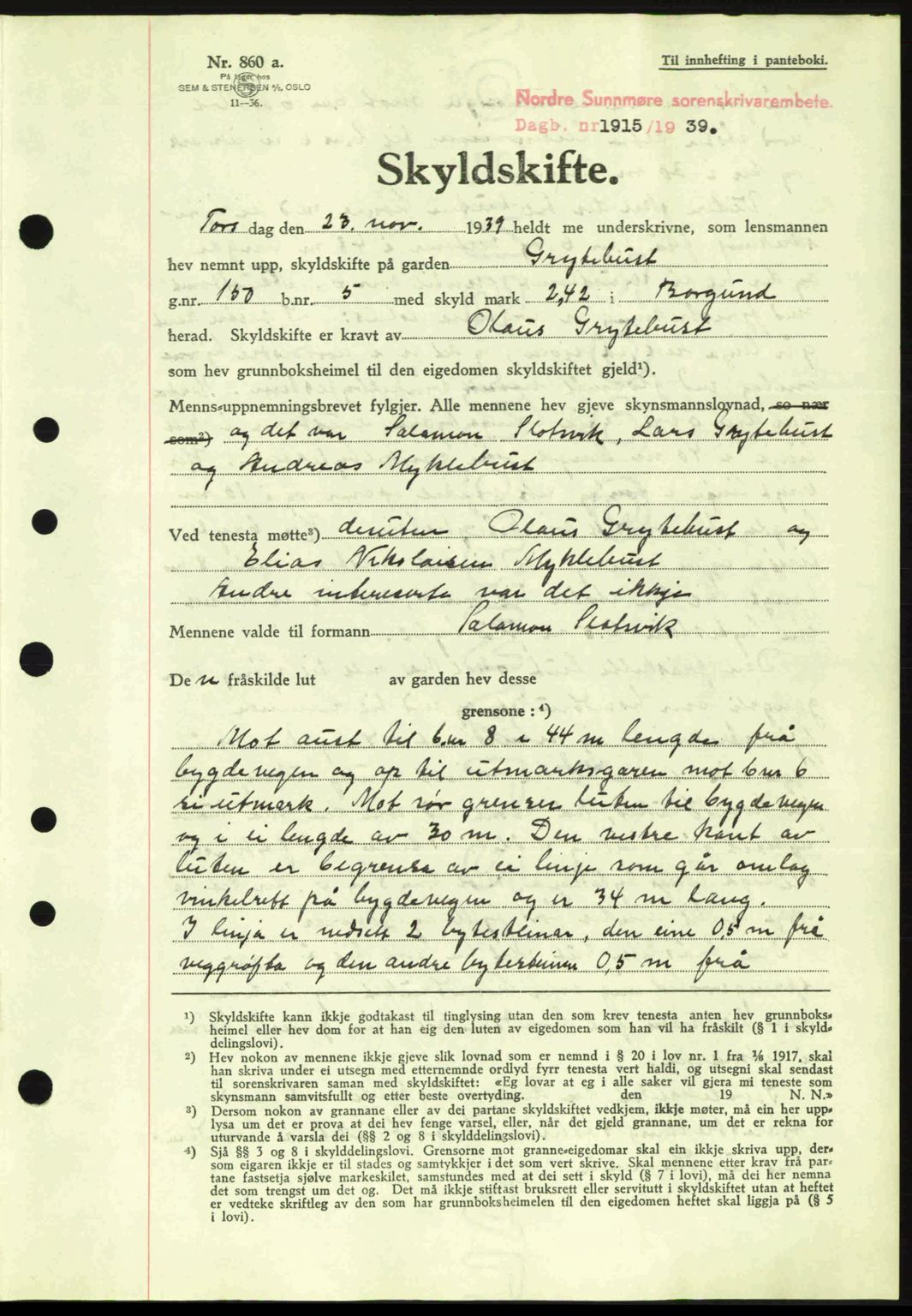 Nordre Sunnmøre sorenskriveri, AV/SAT-A-0006/1/2/2C/2Ca: Mortgage book no. A8, 1939-1940, Diary no: : 1915/1939