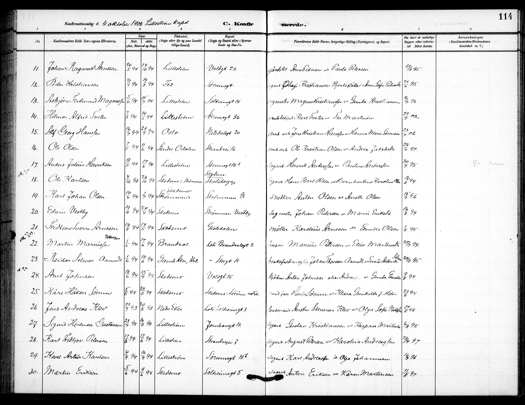 Skedsmo prestekontor Kirkebøker, AV/SAO-A-10033a/F/Fc/L0001: Parish register (official) no. III 1, 1908-1916, p. 114