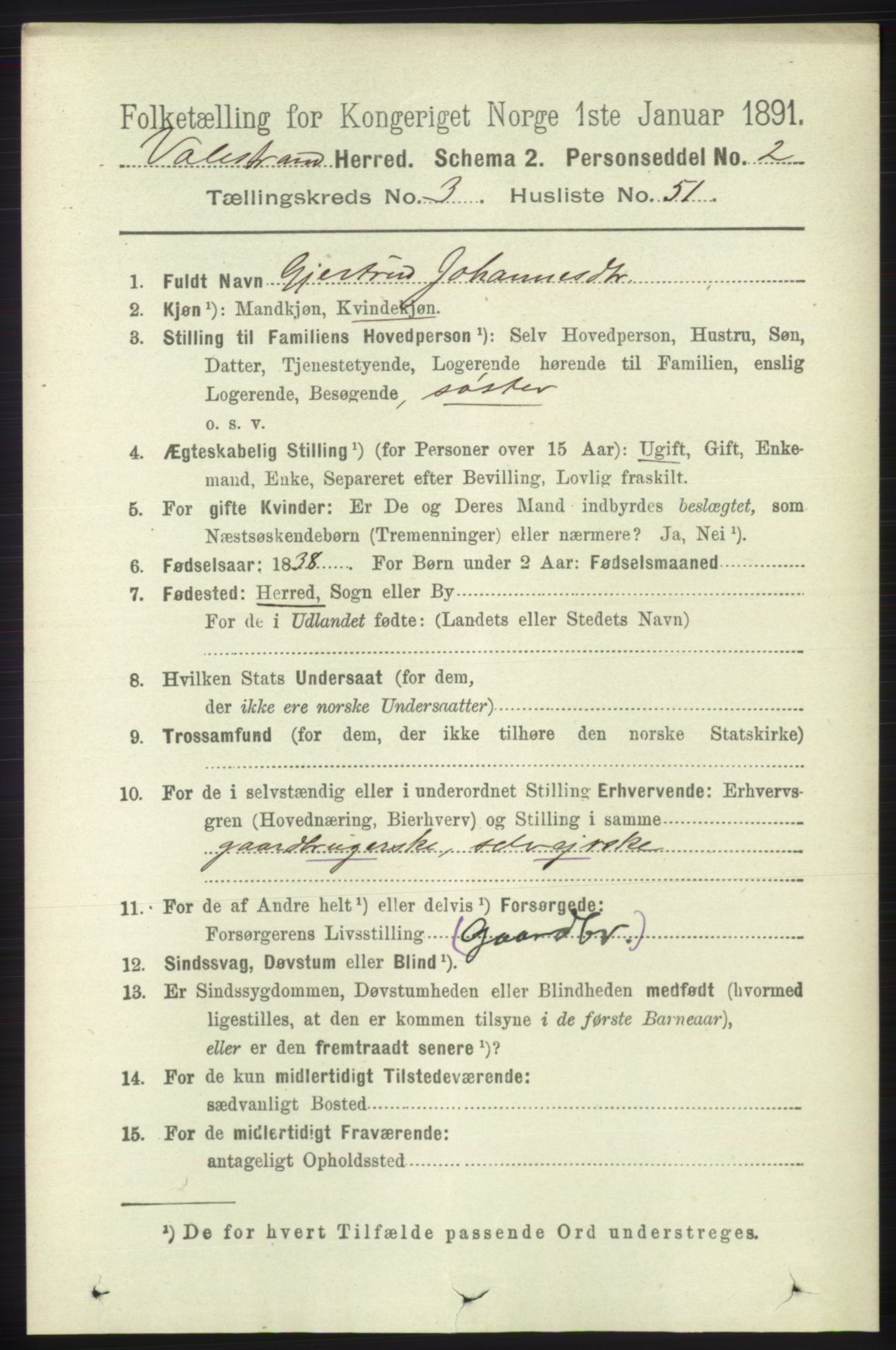 RA, 1891 census for 1217 Valestrand, 1891, p. 820