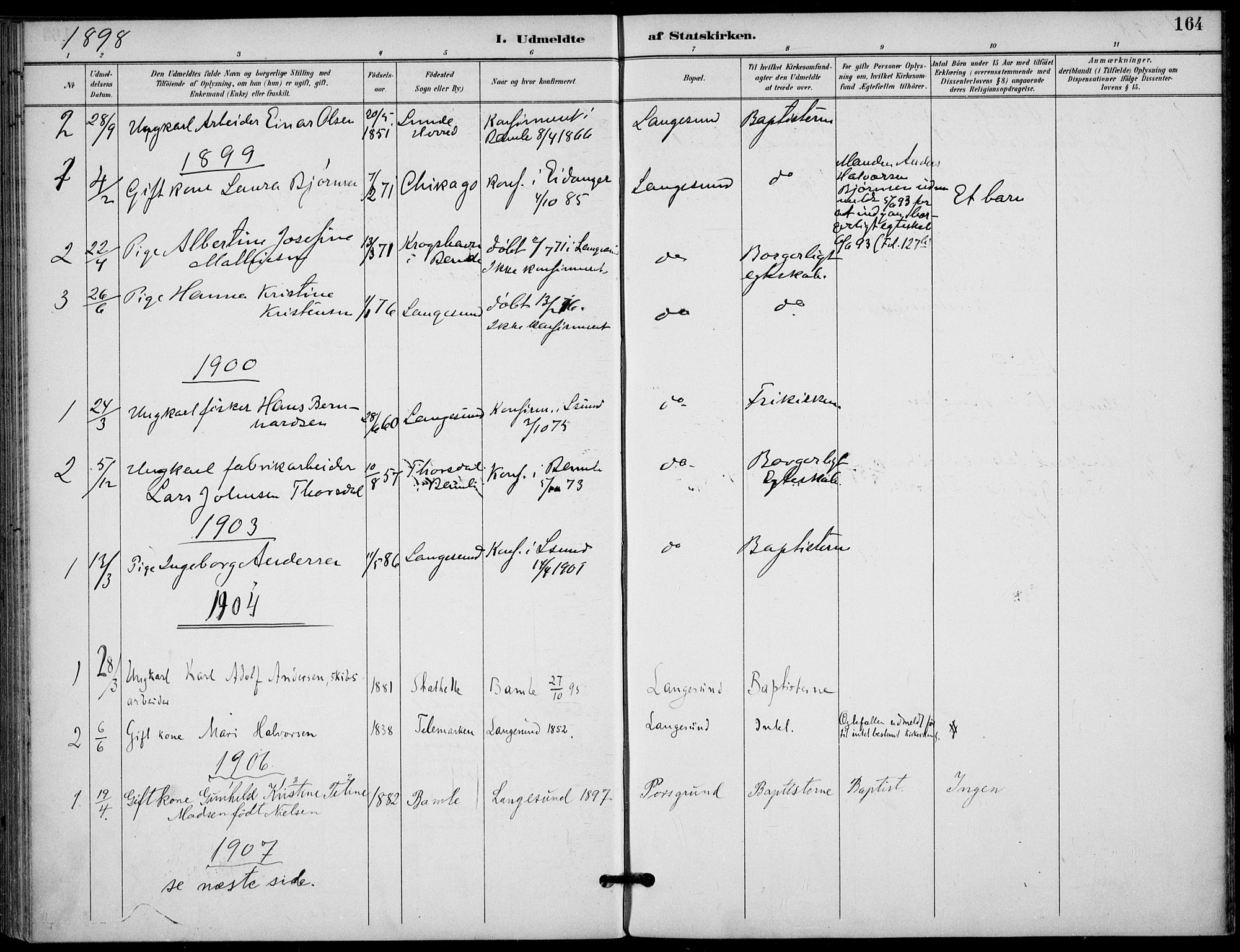 Langesund kirkebøker, SAKO/A-280/F/Fa/L0003: Parish register (official) no. 3, 1893-1907, p. 164