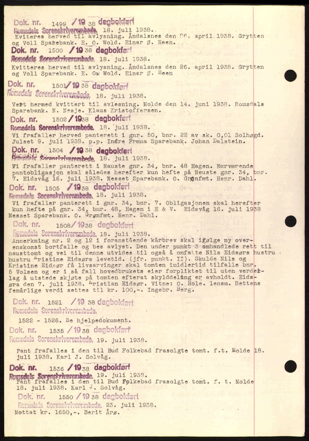 Romsdal sorenskriveri, AV/SAT-A-4149/1/2/2C: Mortgage book no. C1a, 1936-1945, Diary no: : 1499/1938