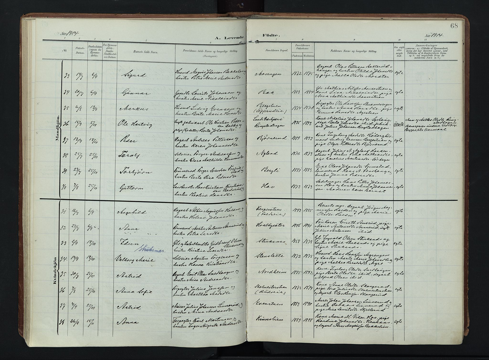 Søndre Land prestekontor, AV/SAH-PREST-122/K/L0007: Parish register (official) no. 7, 1905-1914, p. 68