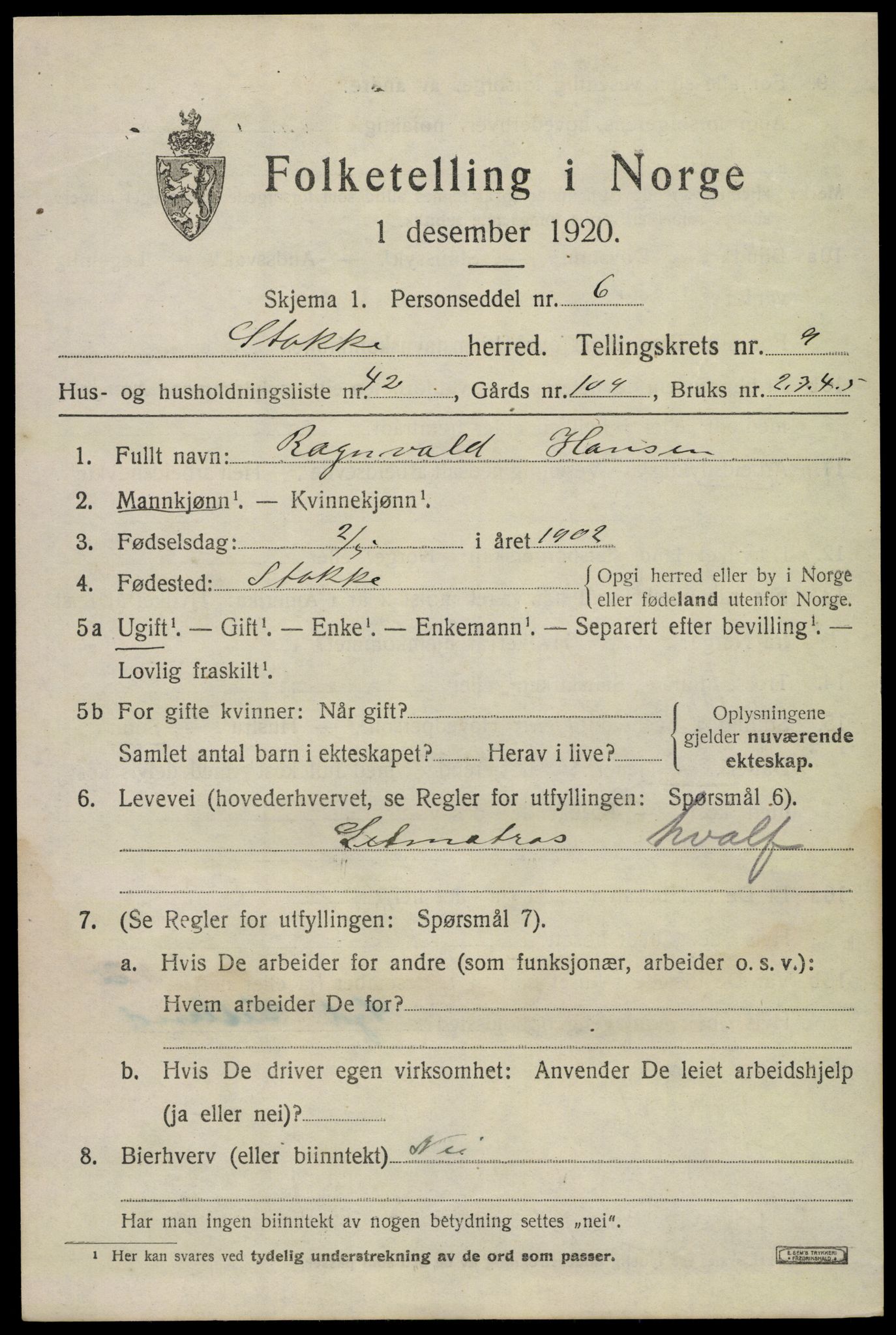 SAKO, 1920 census for Stokke, 1920, p. 10882