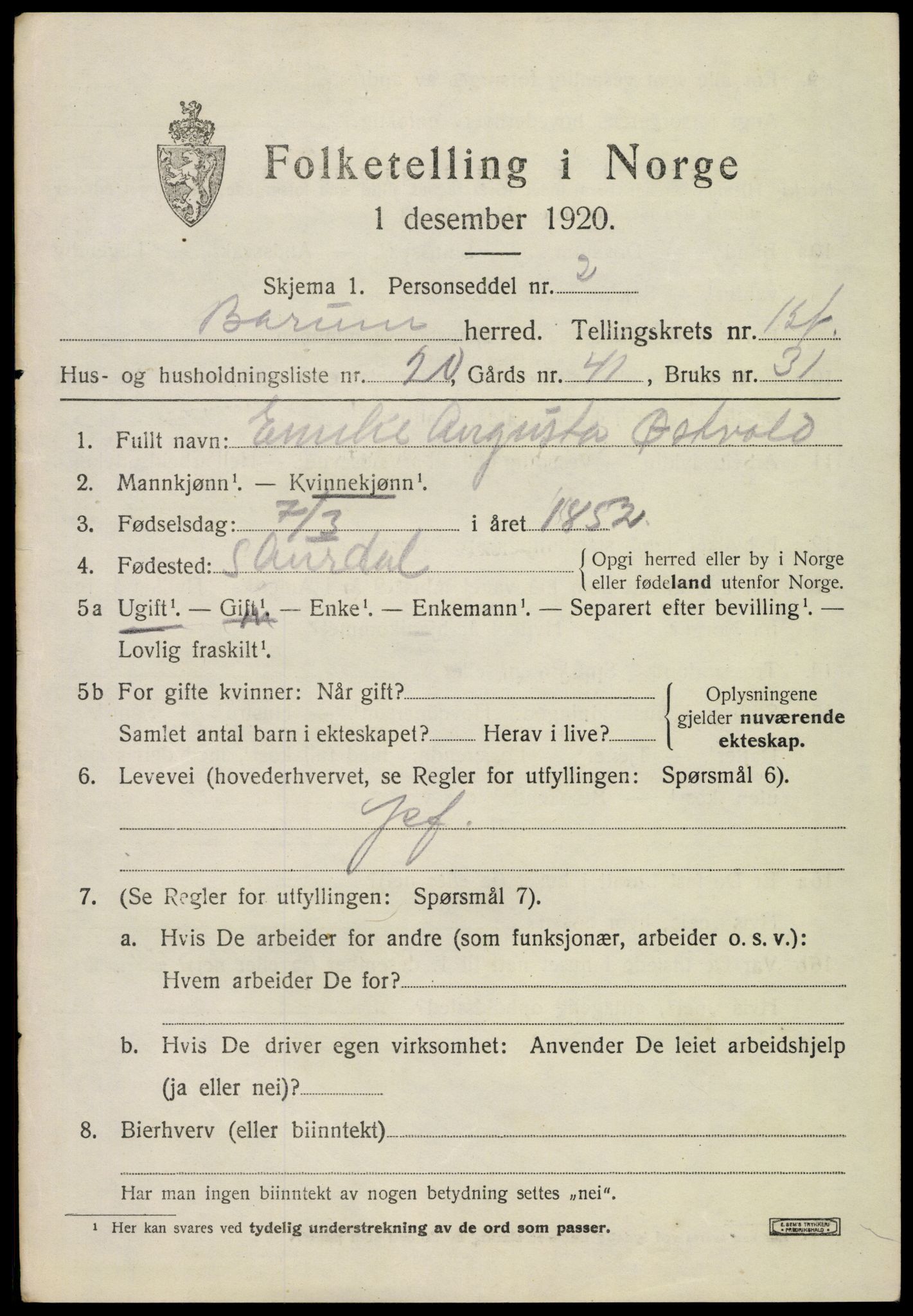 SAO, 1920 census for Bærum, 1920, p. 32922