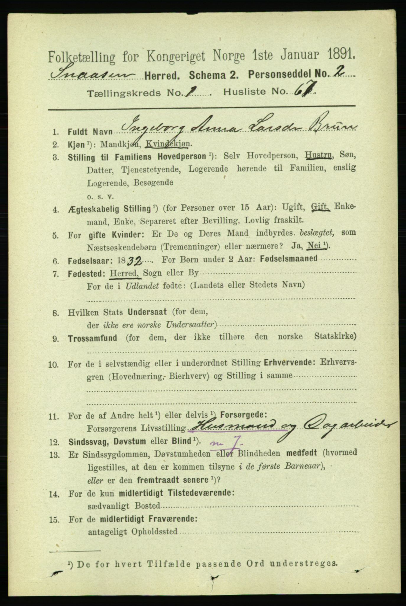 RA, 1891 census for 1736 Snåsa, 1891, p. 425