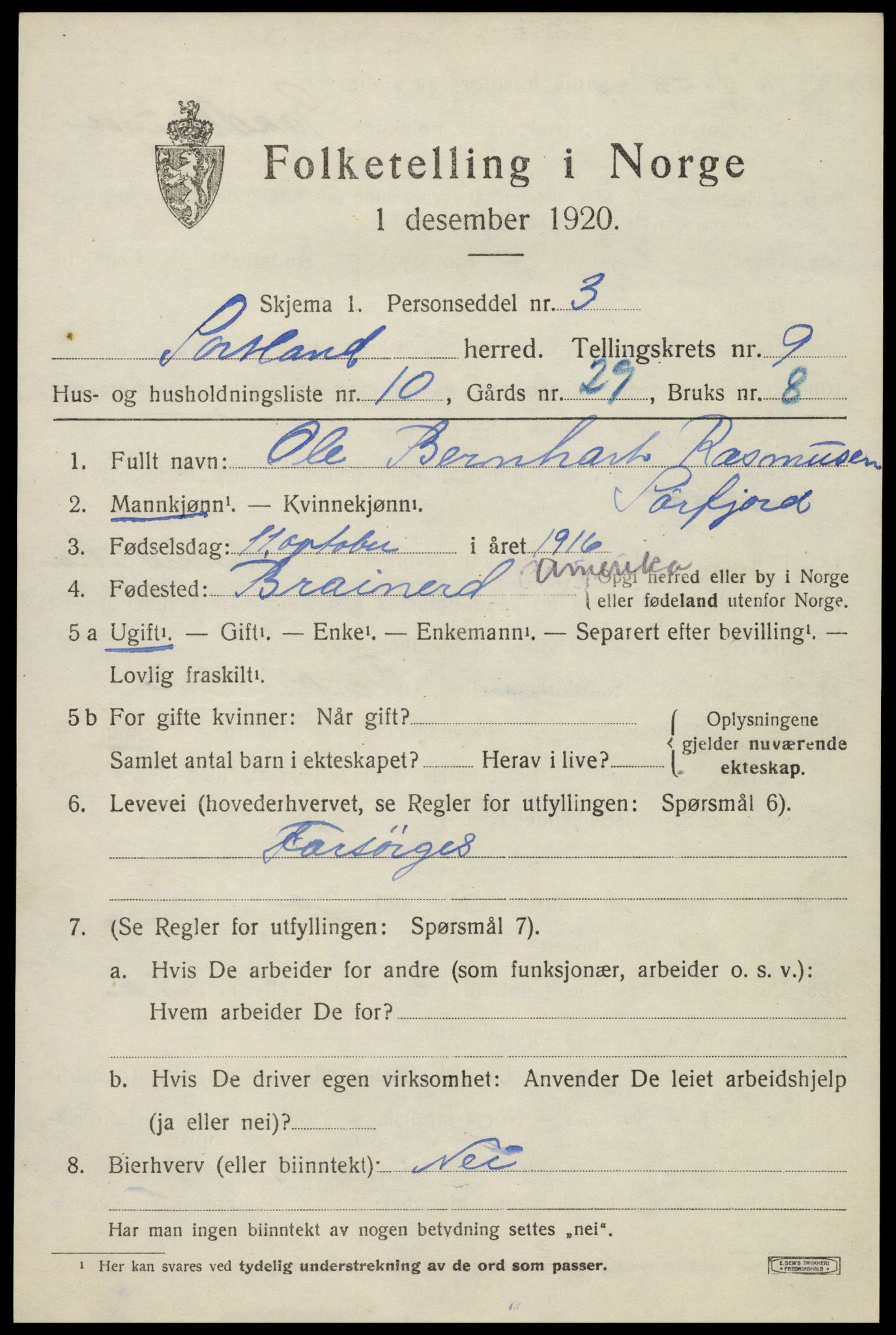 SAT, 1920 census for Sortland, 1920, p. 7244