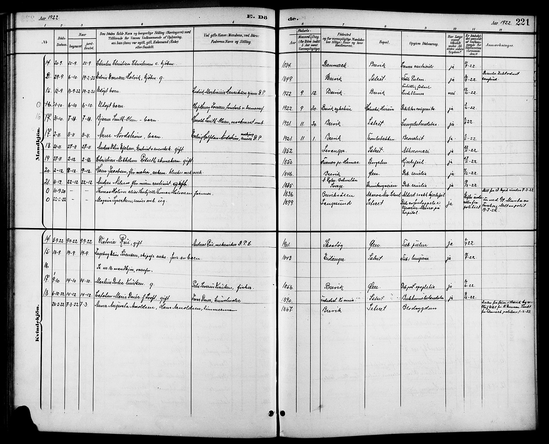 Brevik kirkebøker, SAKO/A-255/G/Ga/L0005: Parish register (copy) no. 5, 1901-1924, p. 221