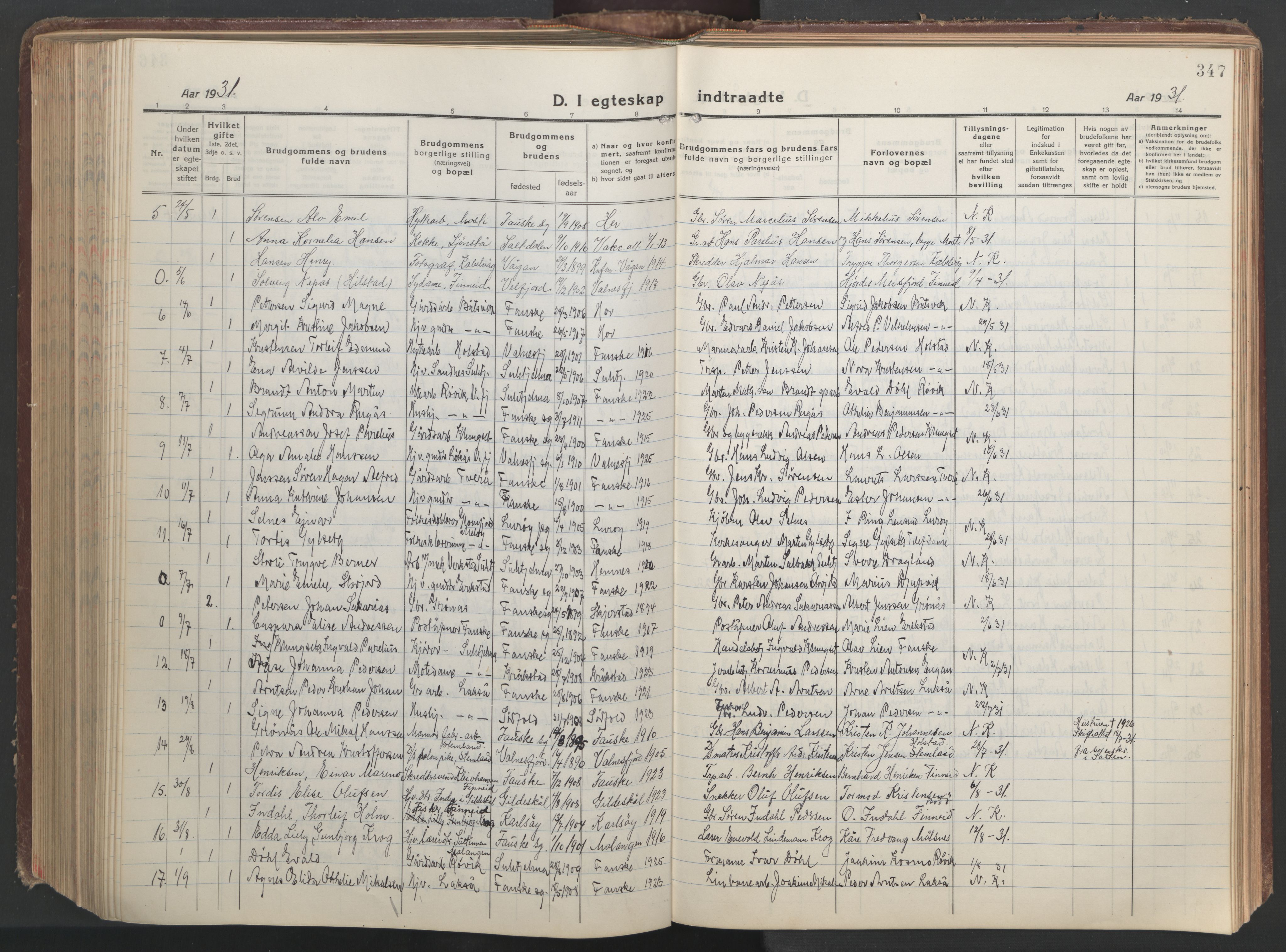 Ministerialprotokoller, klokkerbøker og fødselsregistre - Nordland, AV/SAT-A-1459/849/L0700: Parish register (copy) no. 849C01, 1919-1946, p. 347