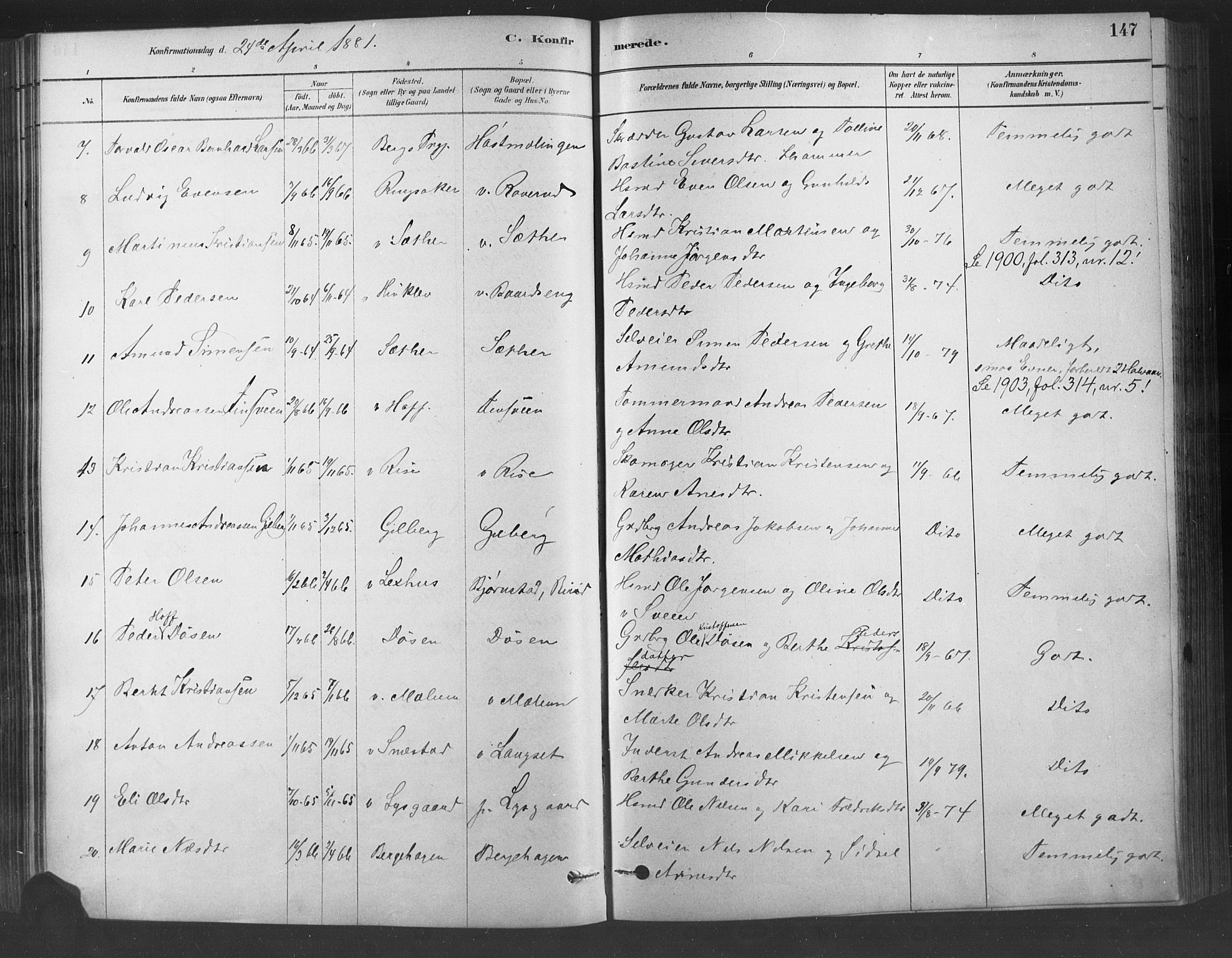 Fåberg prestekontor, SAH/PREST-086/H/Ha/Haa/L0009: Parish register (official) no. 9, 1879-1898, p. 147