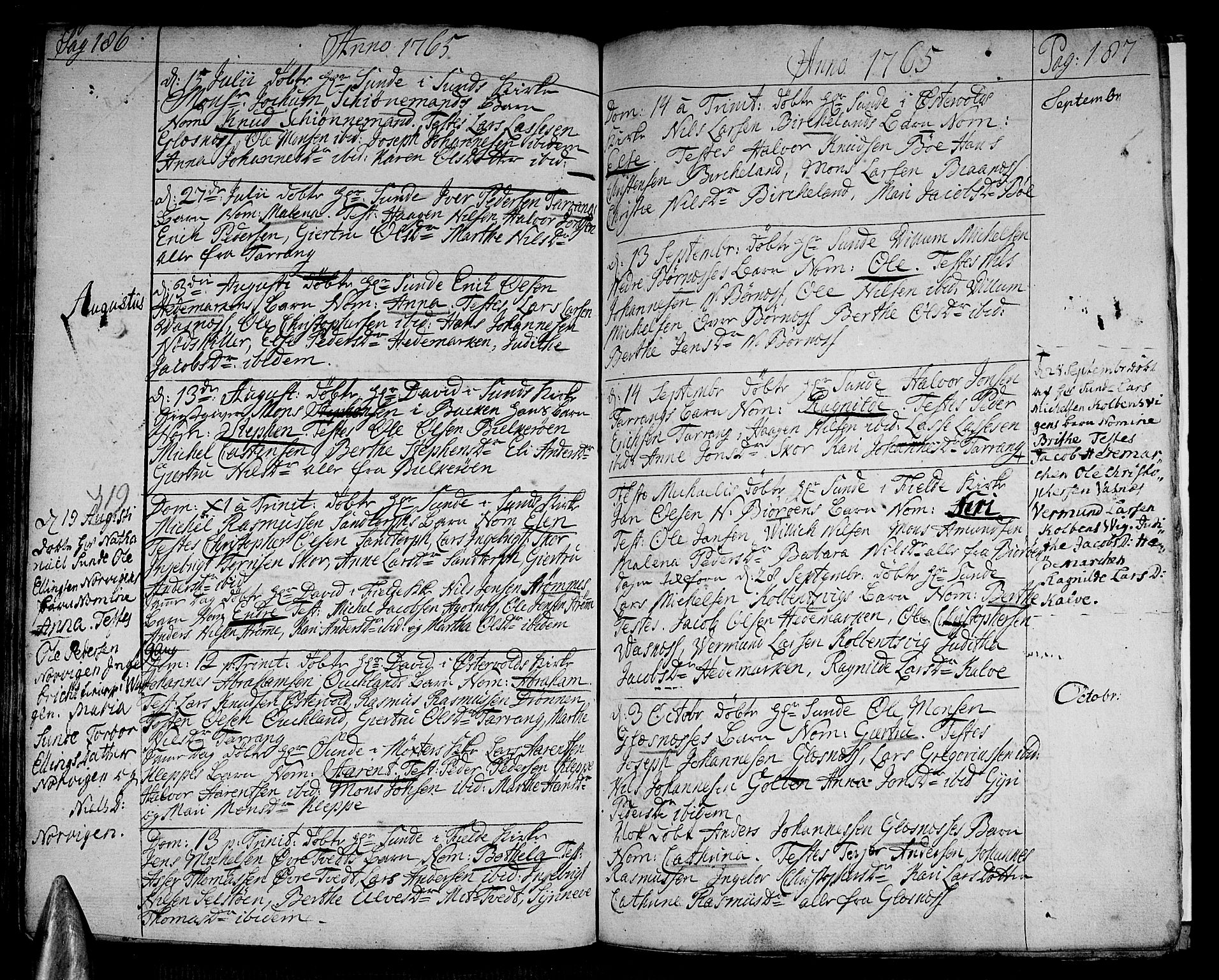 Sund sokneprestembete, AV/SAB-A-99930: Parish register (official) no. A 4, 1748-1769, p. 186-187