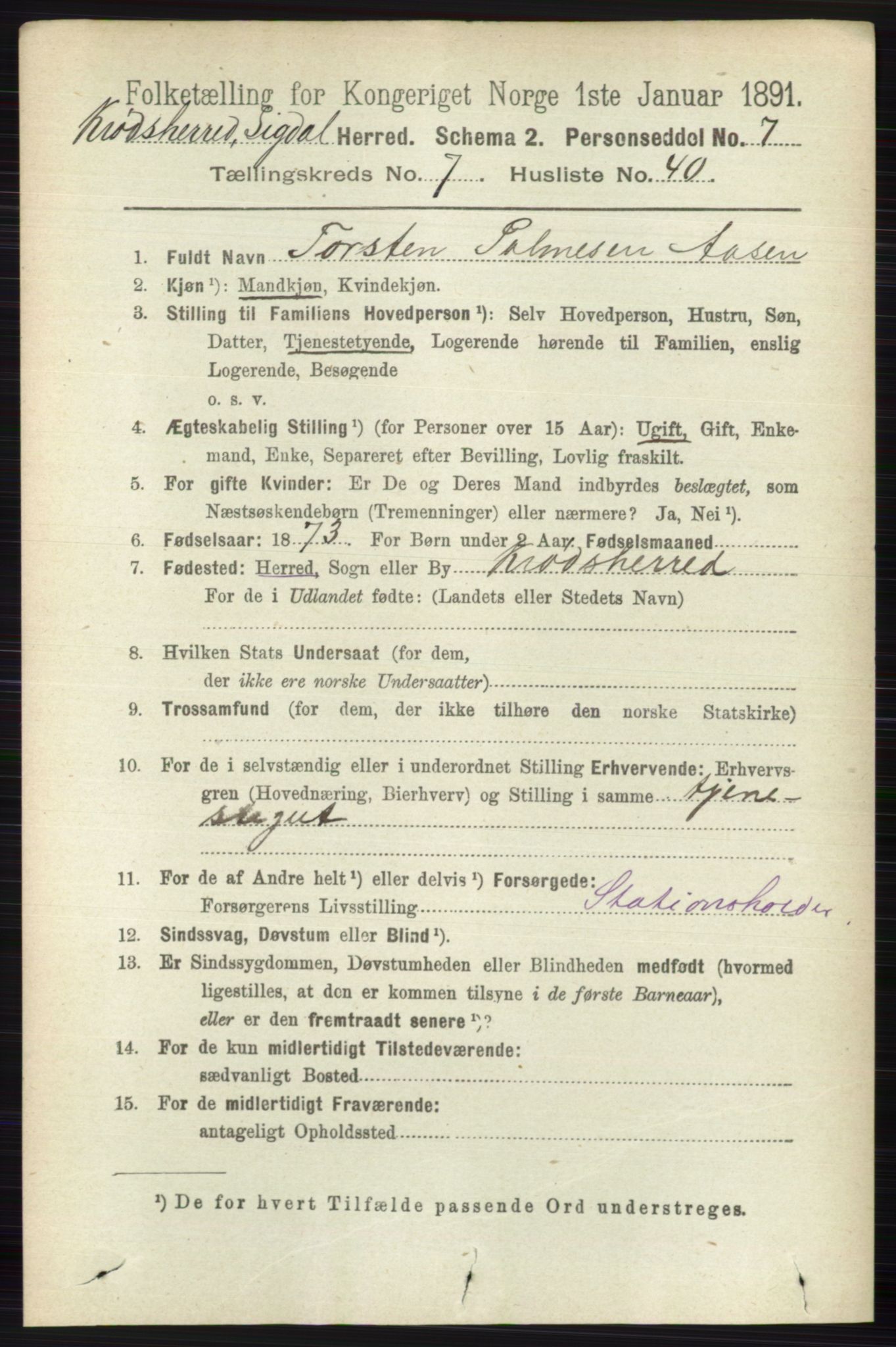 RA, 1891 census for 0621 Sigdal, 1891, p. 7262