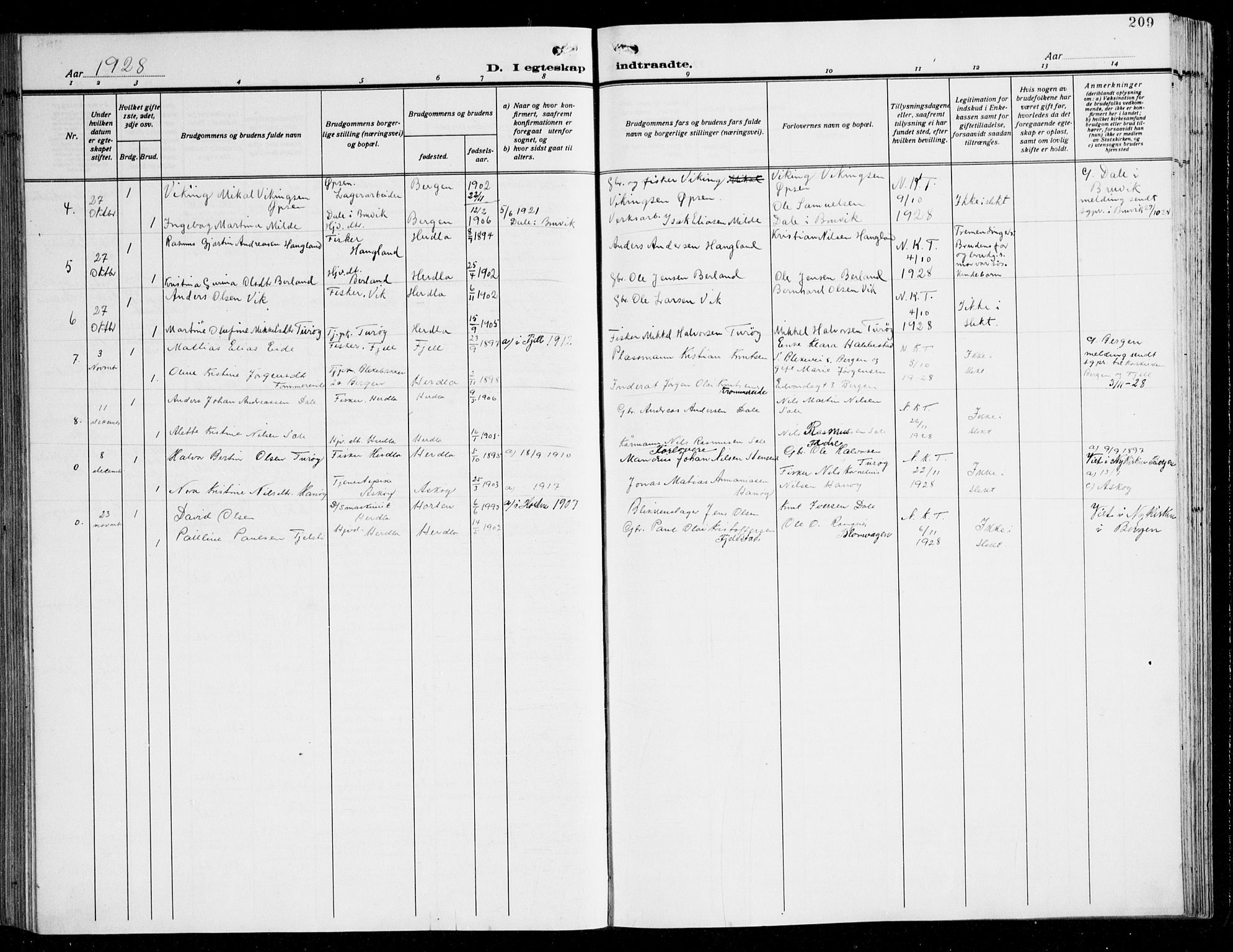 Herdla Sokneprestembete, AV/SAB-A-75701/H/Hab: Parish register (copy) no. C 3, 1926-1940, p. 209