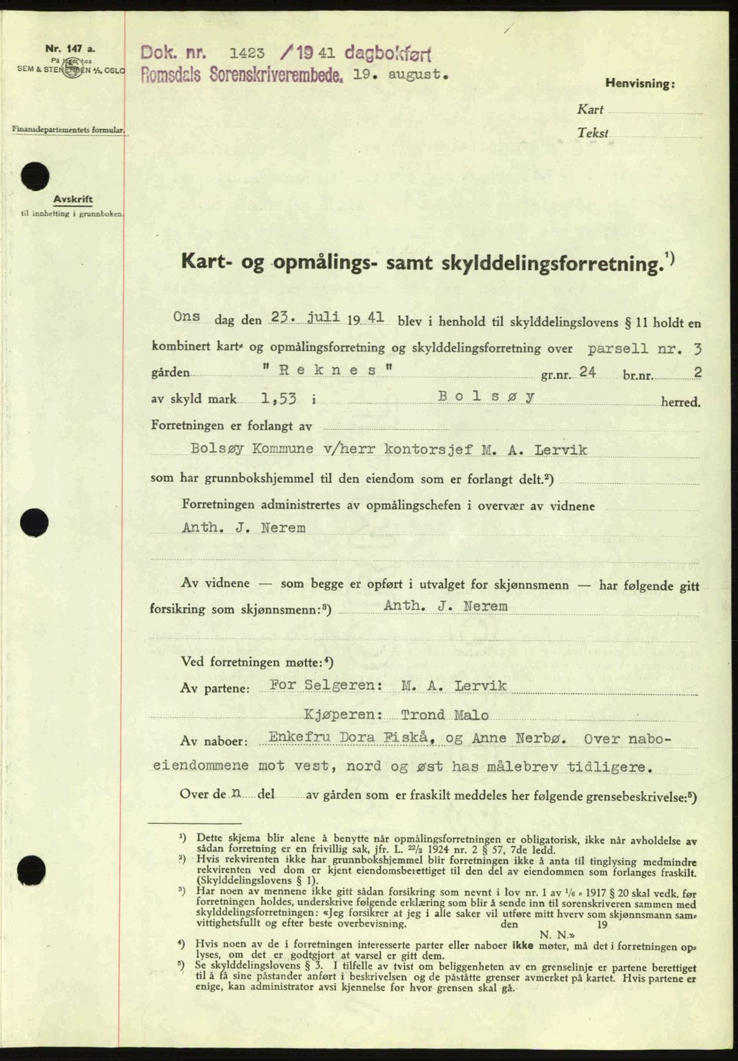 Romsdal sorenskriveri, AV/SAT-A-4149/1/2/2C: Mortgage book no. A10, 1941-1941, Diary no: : 1423/1941