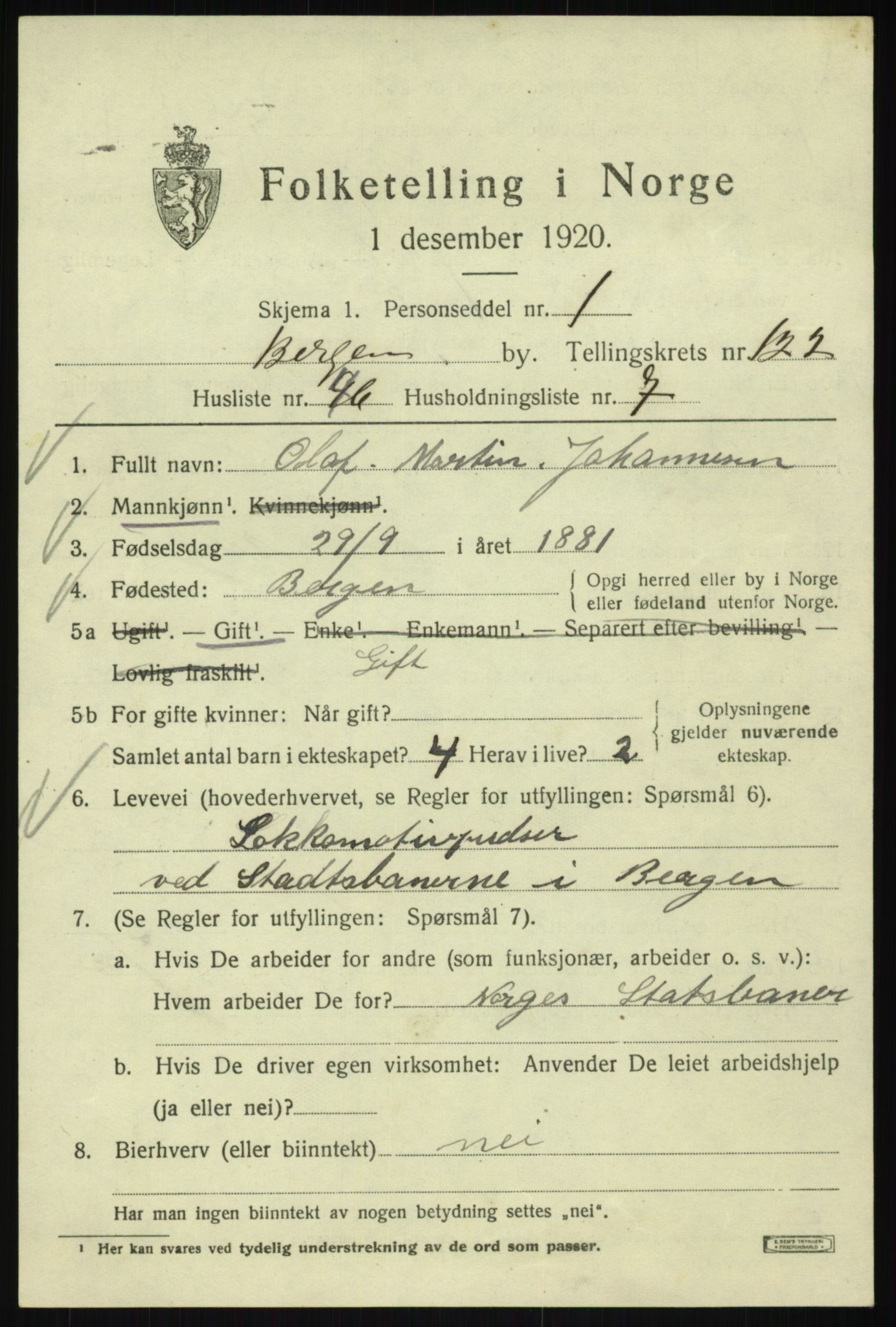 SAB, 1920 census for Bergen, 1920, p. 206886