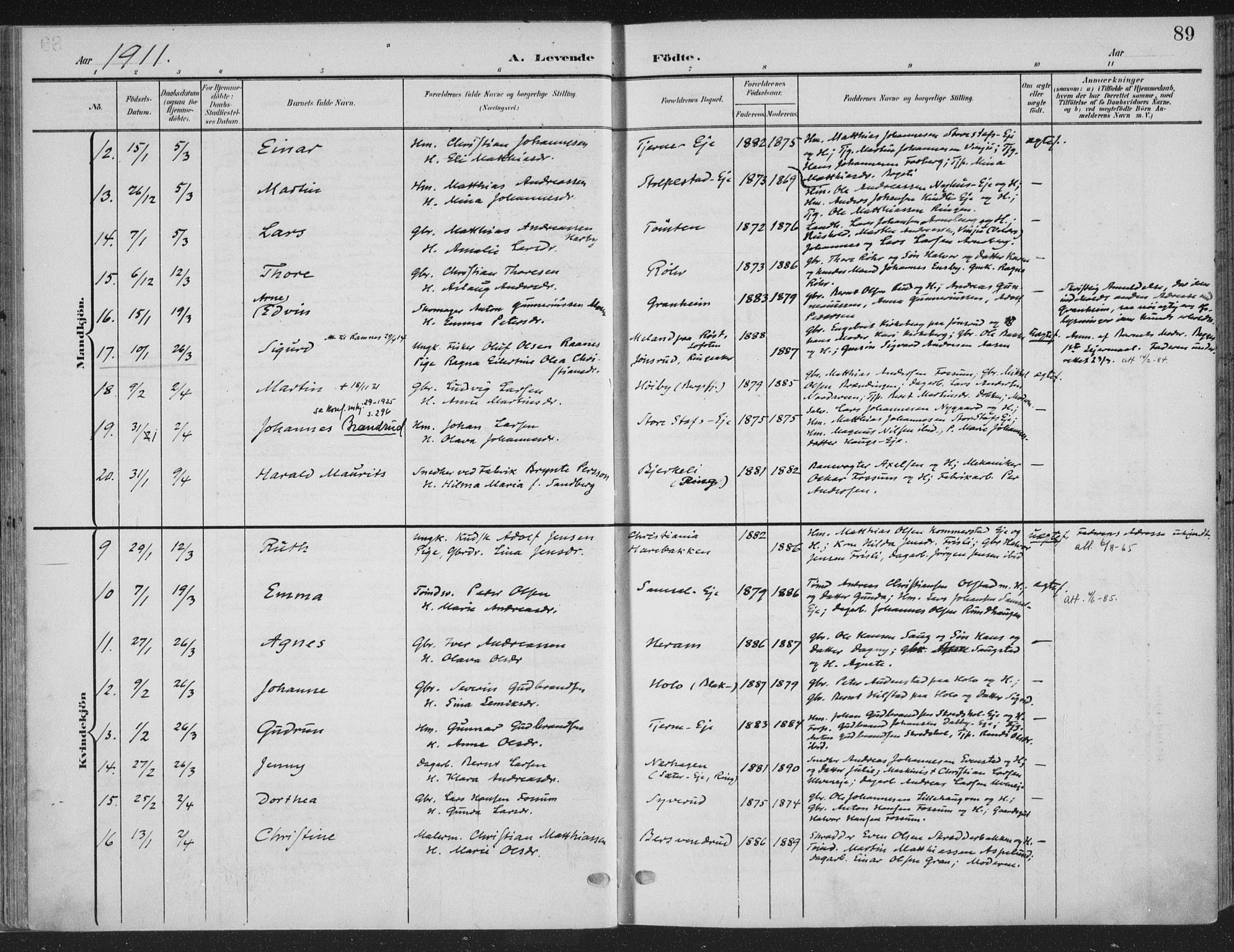 Ringsaker prestekontor, AV/SAH-PREST-014/K/Ka/L0018: Parish register (official) no. 18, 1903-1912, p. 89