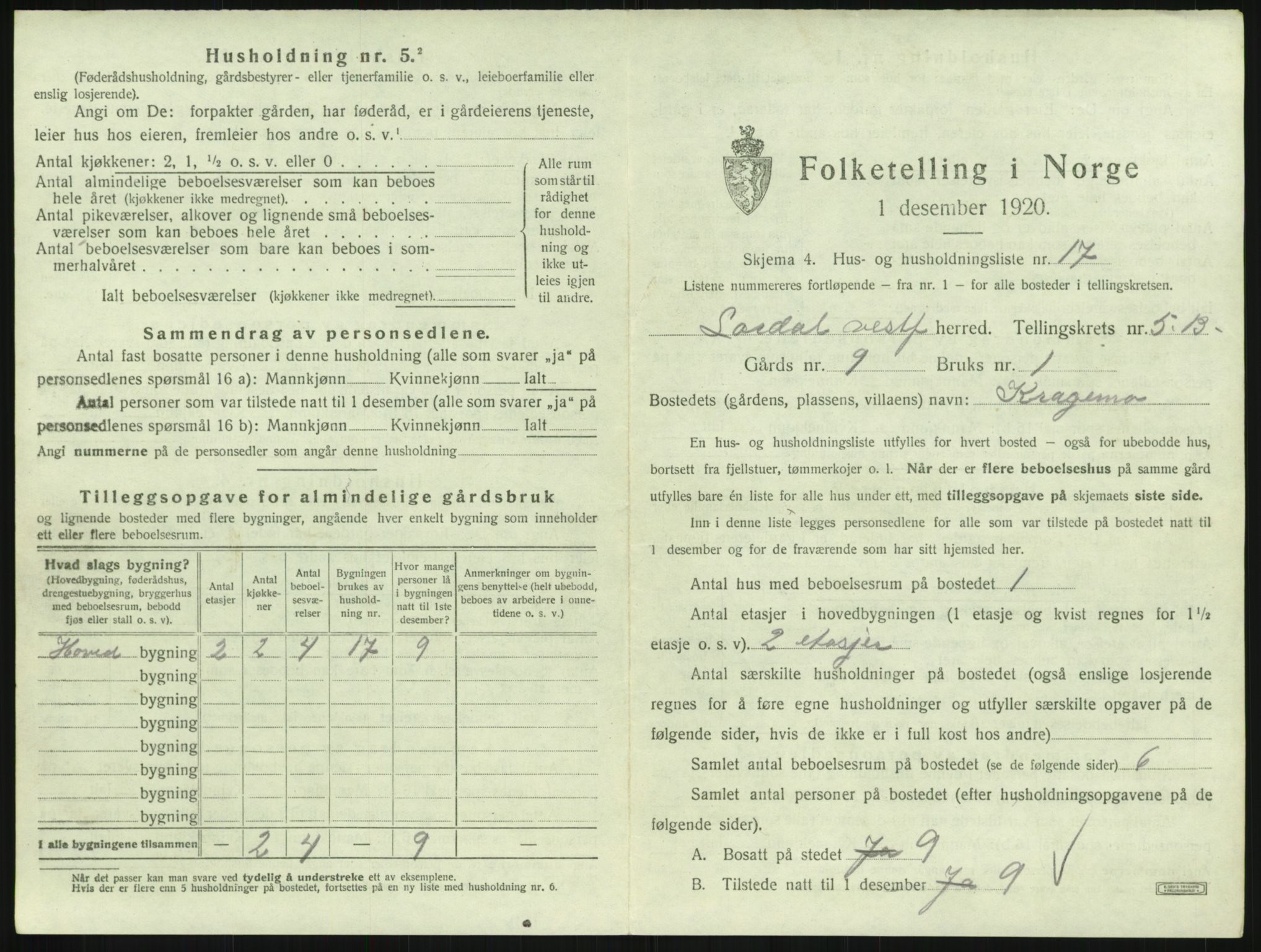 SAKO, 1920 census for Lardal, 1920, p. 853