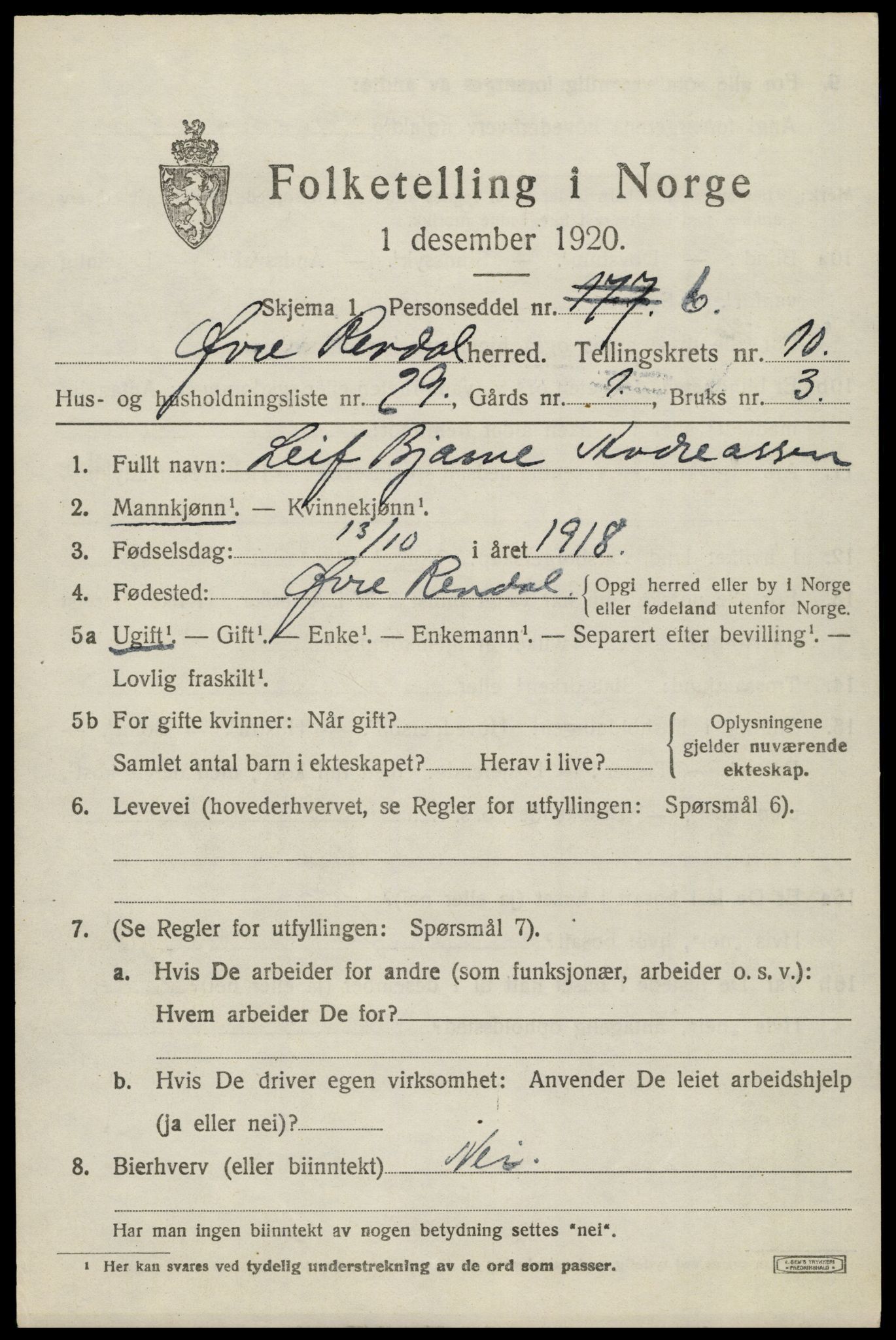 SAH, 1920 census for Øvre Rendal, 1920, p. 4263