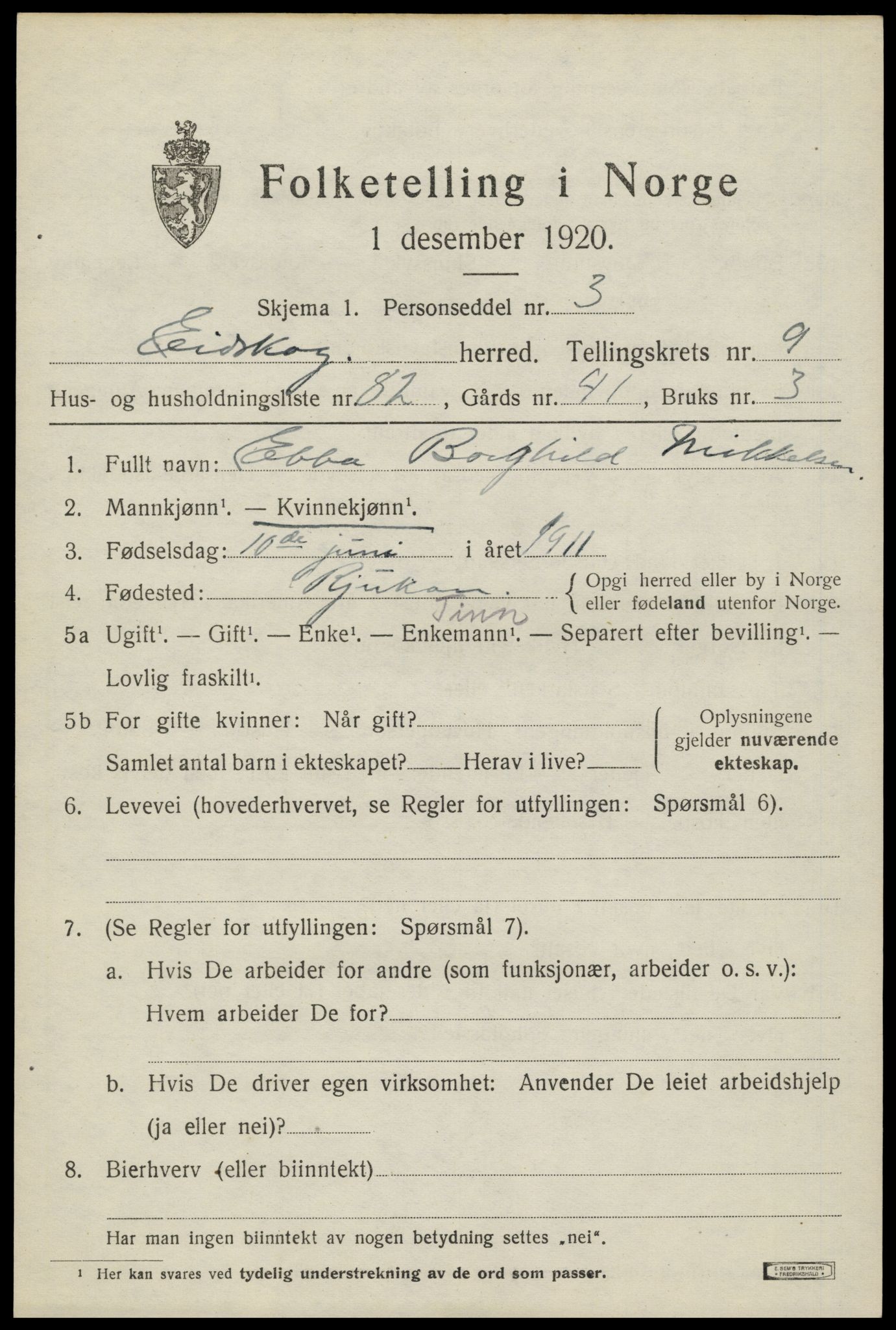 SAH, 1920 census for Eidskog, 1920, p. 11113