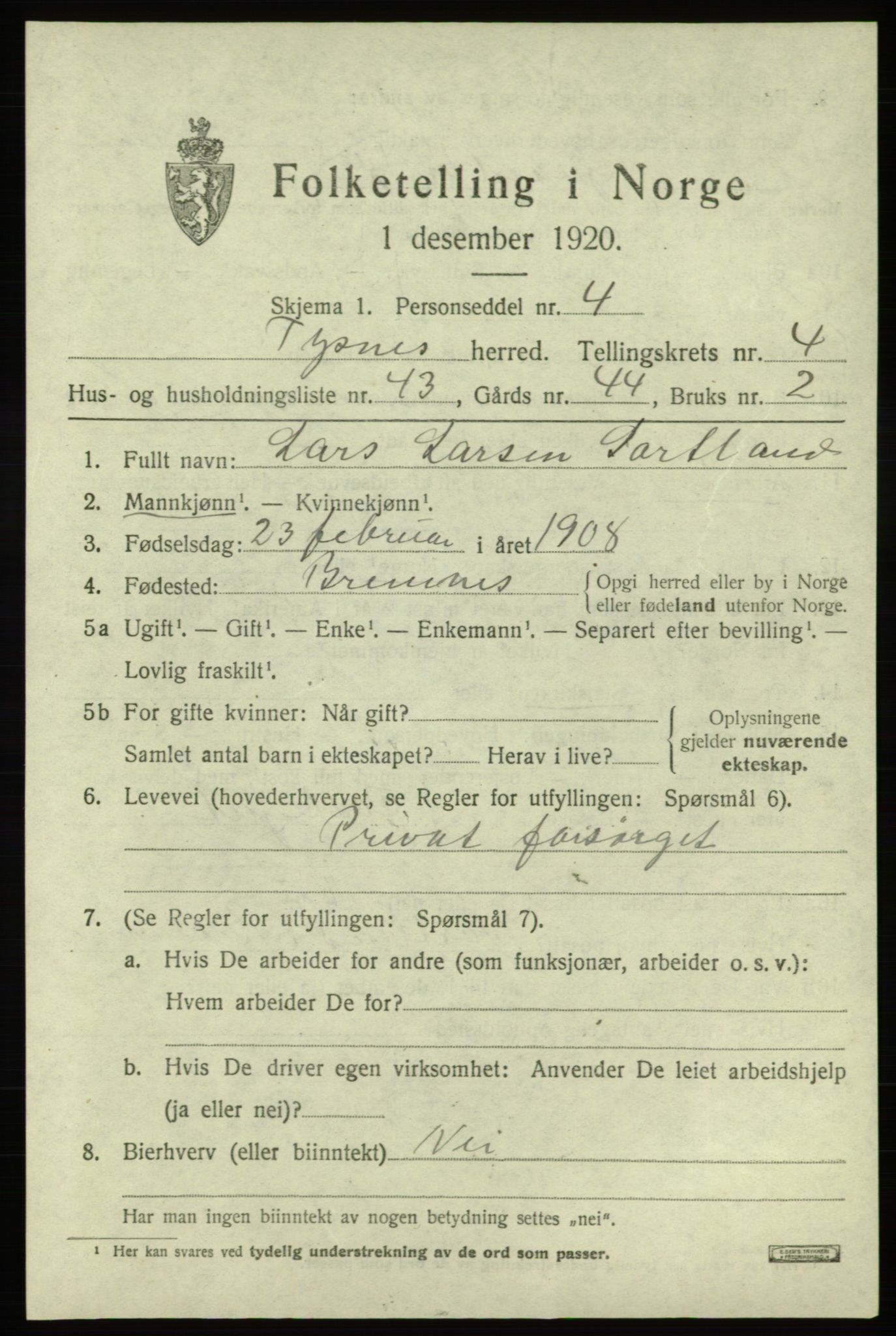 SAB, 1920 census for Tysnes, 1920, p. 3696