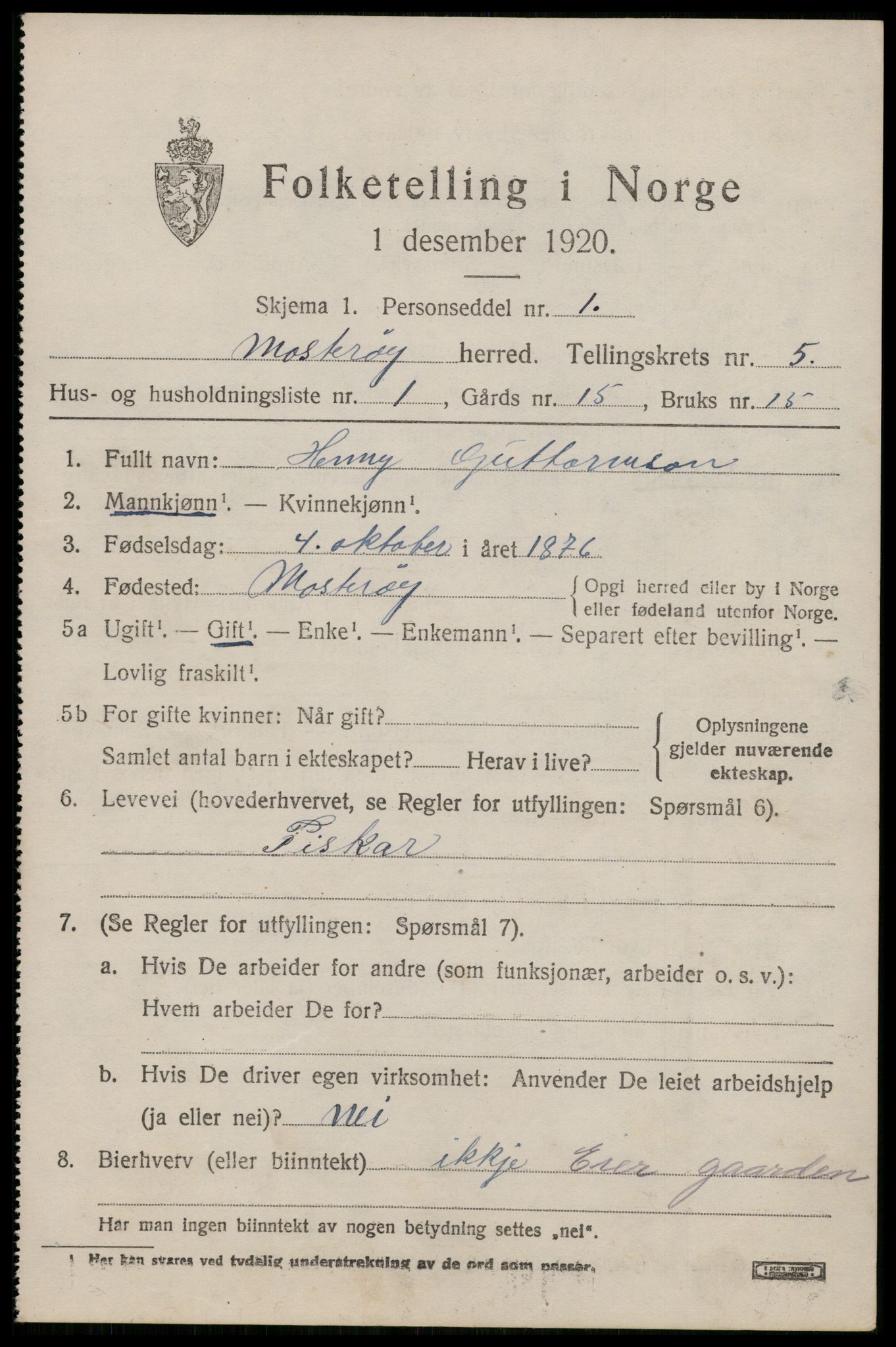 SAST, 1920 census for Mosterøy, 1920, p. 2068