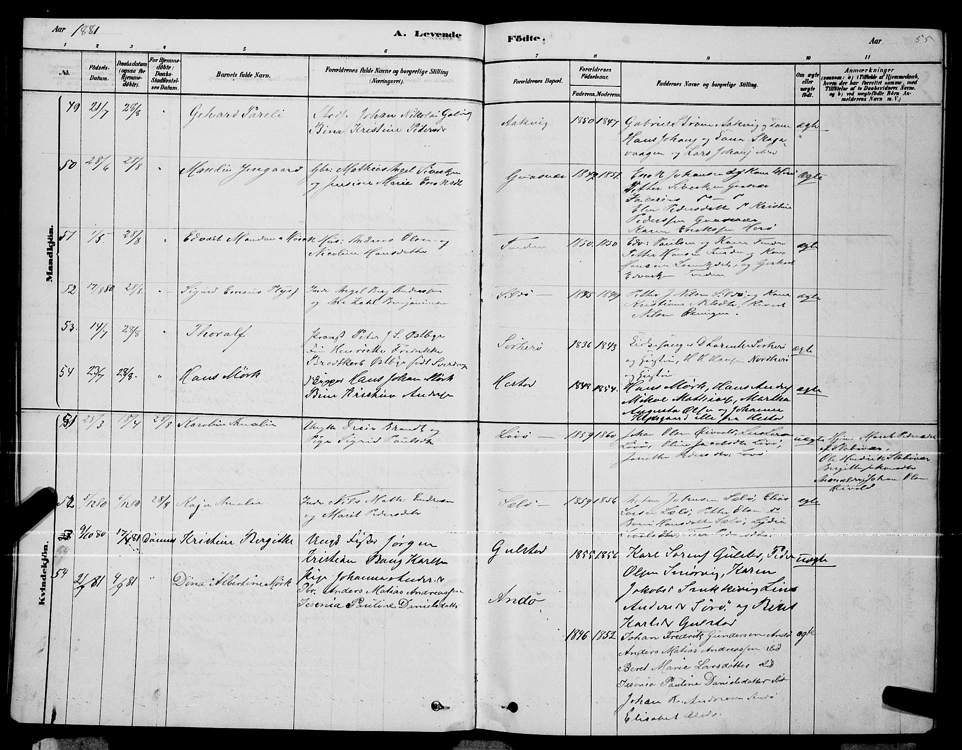 Ministerialprotokoller, klokkerbøker og fødselsregistre - Nordland, AV/SAT-A-1459/834/L0513: Parish register (copy) no. 834C04, 1877-1892, p. 55