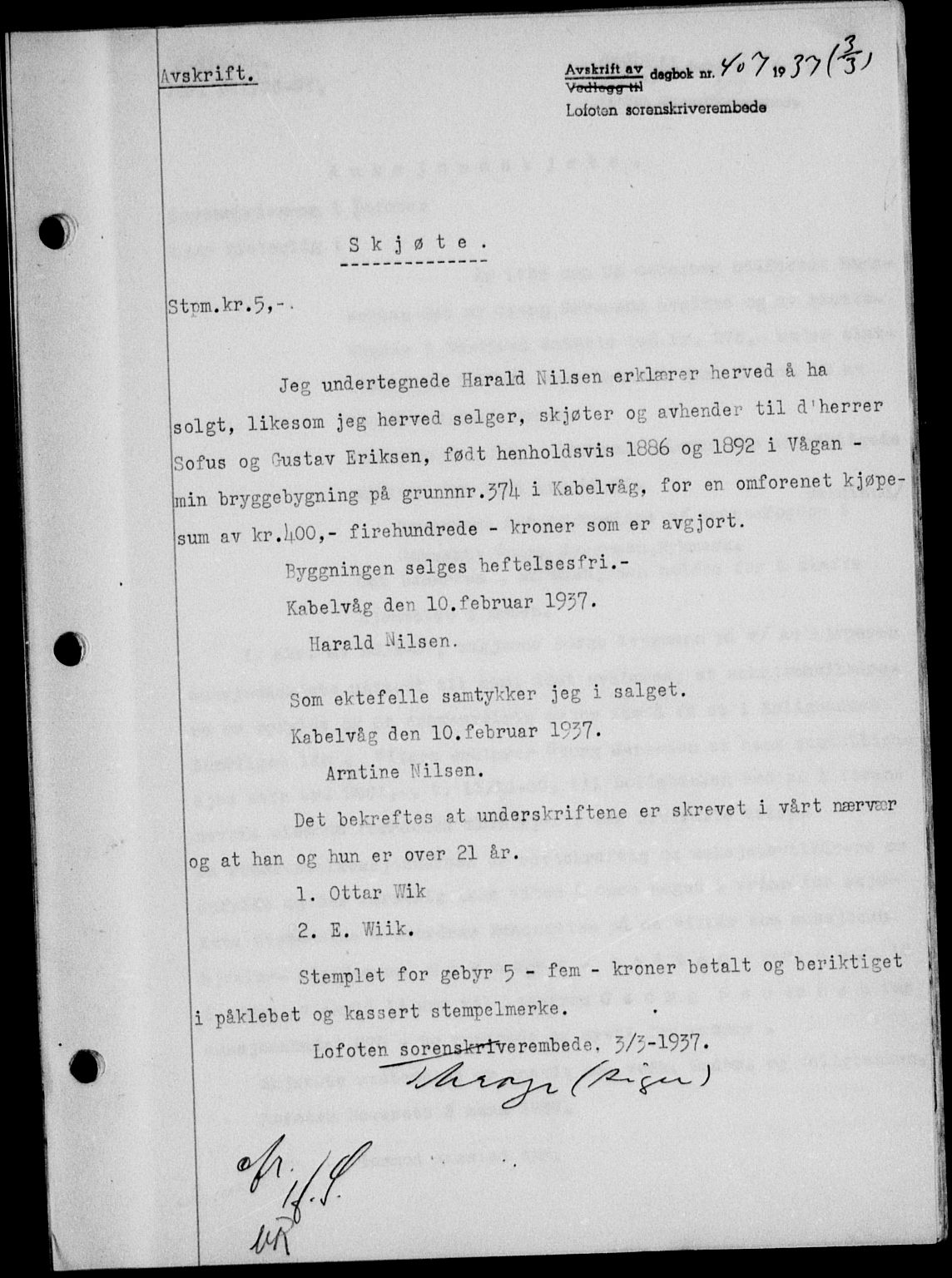Lofoten sorenskriveri, SAT/A-0017/1/2/2C/L0002a: Mortgage book no. 2a, 1937-1937, Diary no: : 407/1937