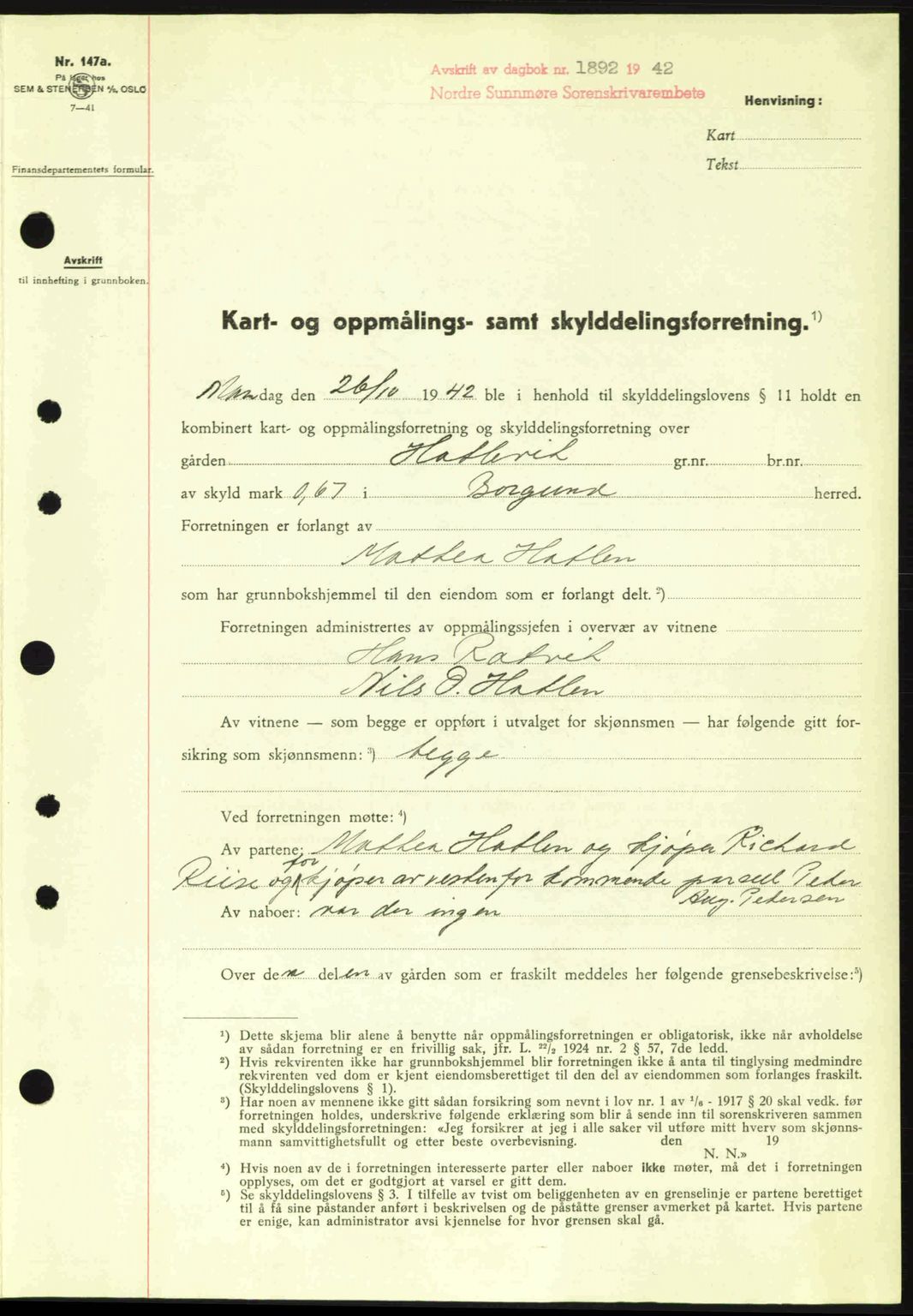 Nordre Sunnmøre sorenskriveri, AV/SAT-A-0006/1/2/2C/2Ca: Mortgage book no. A15, 1942-1943, Diary no: : 1892/1942