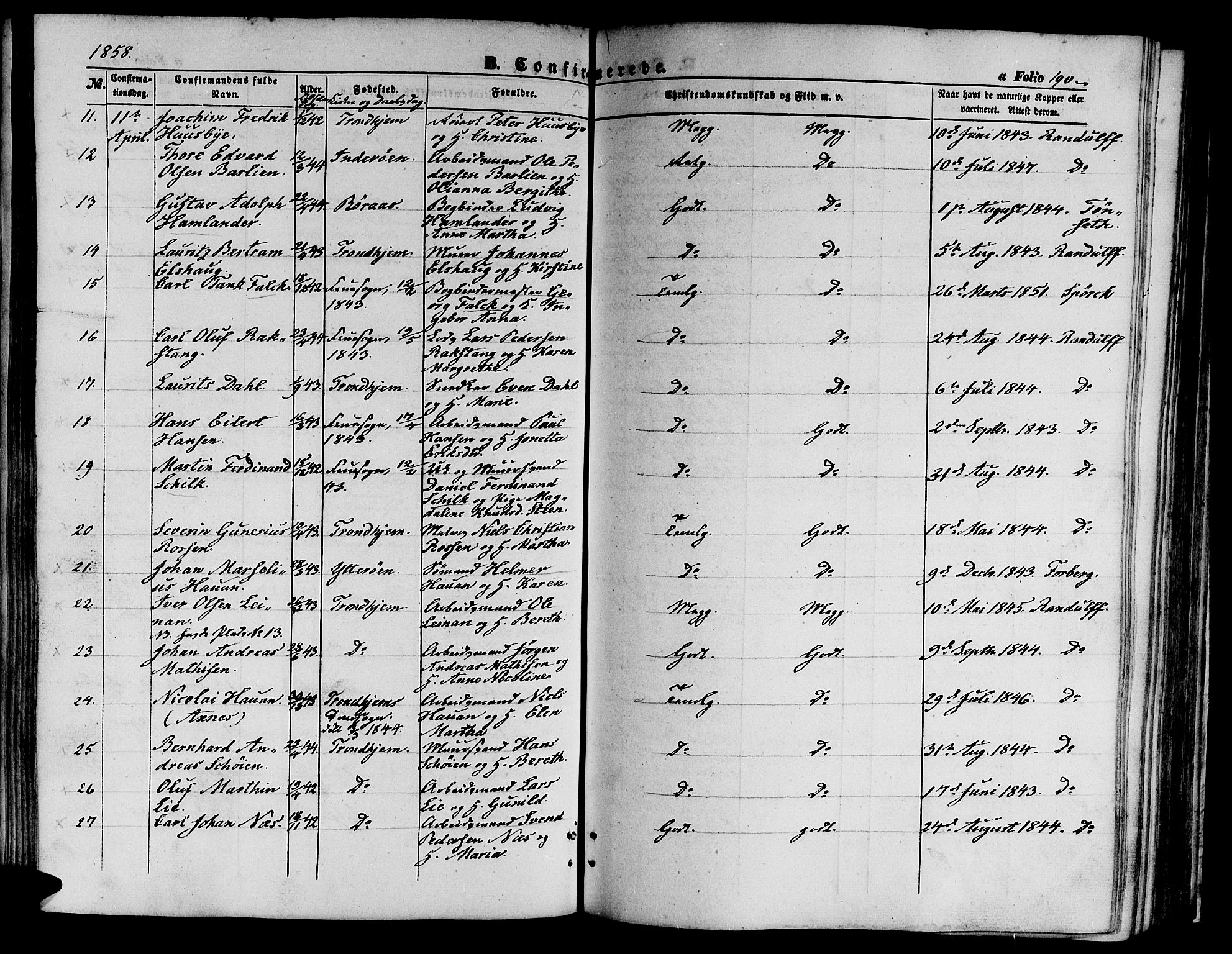 Ministerialprotokoller, klokkerbøker og fødselsregistre - Sør-Trøndelag, SAT/A-1456/602/L0138: Parish register (copy) no. 602C06, 1853-1858, p. 190