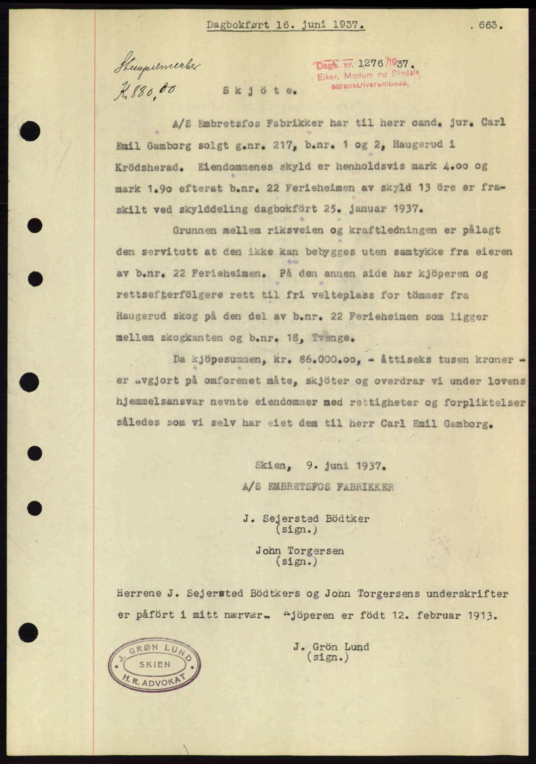 Eiker, Modum og Sigdal sorenskriveri, SAKO/A-123/G/Ga/Gab/L0035: Mortgage book no. A5, 1937-1937, Diary no: : 1276/1937
