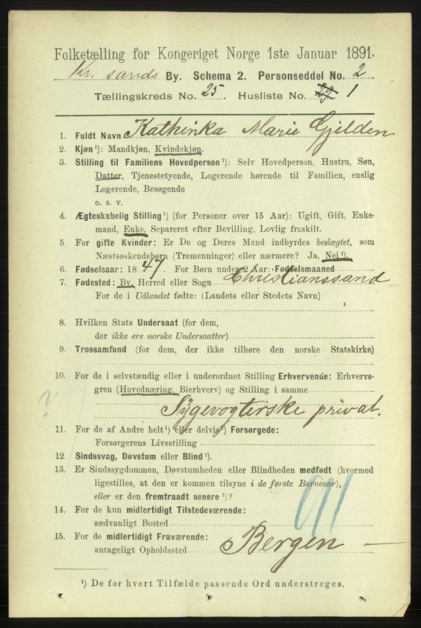 RA, 1891 census for 1001 Kristiansand, 1891, p. 8696