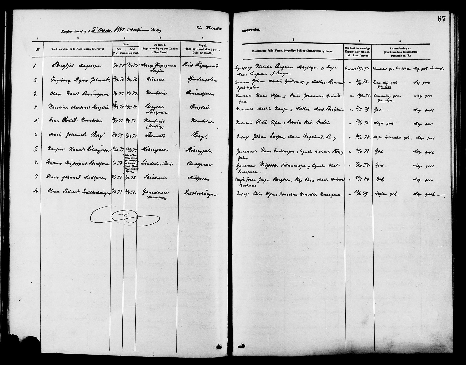 Nordre Land prestekontor, SAH/PREST-124/H/Ha/Haa/L0003: Parish register (official) no. 3, 1882-1896, p. 87