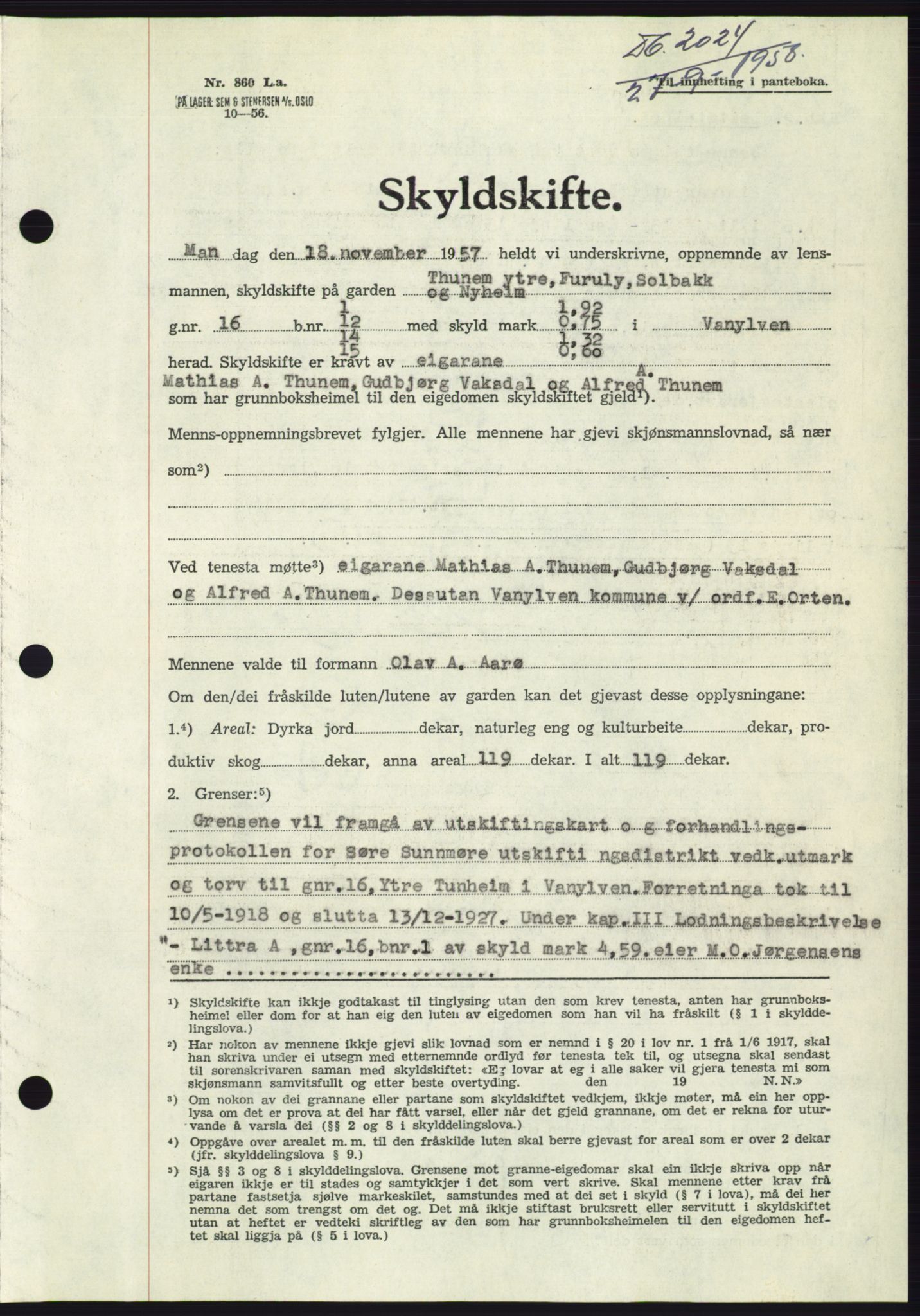 Søre Sunnmøre sorenskriveri, AV/SAT-A-4122/1/2/2C/L0110: Mortgage book no. 36A, 1958-1958, Diary no: : 2024/1958