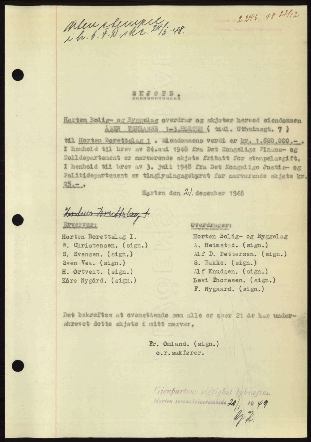 Horten sorenskriveri, AV/SAKO-A-133/G/Ga/Gaa/L0011: Mortgage book no. A-11, 1948-1948, Diary no: : 2246/1948