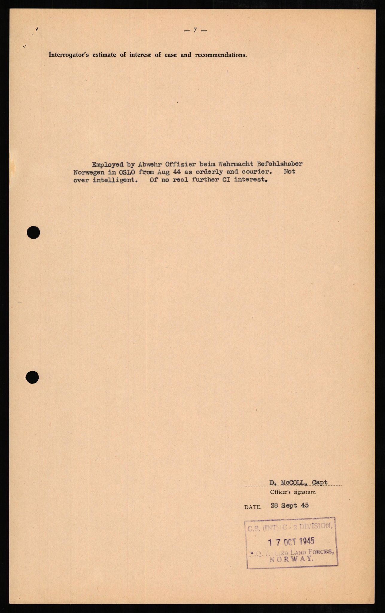 Forsvaret, Forsvarets overkommando II, AV/RA-RAFA-3915/D/Db/L0006: CI Questionaires. Tyske okkupasjonsstyrker i Norge. Tyskere., 1945-1946, p. 287