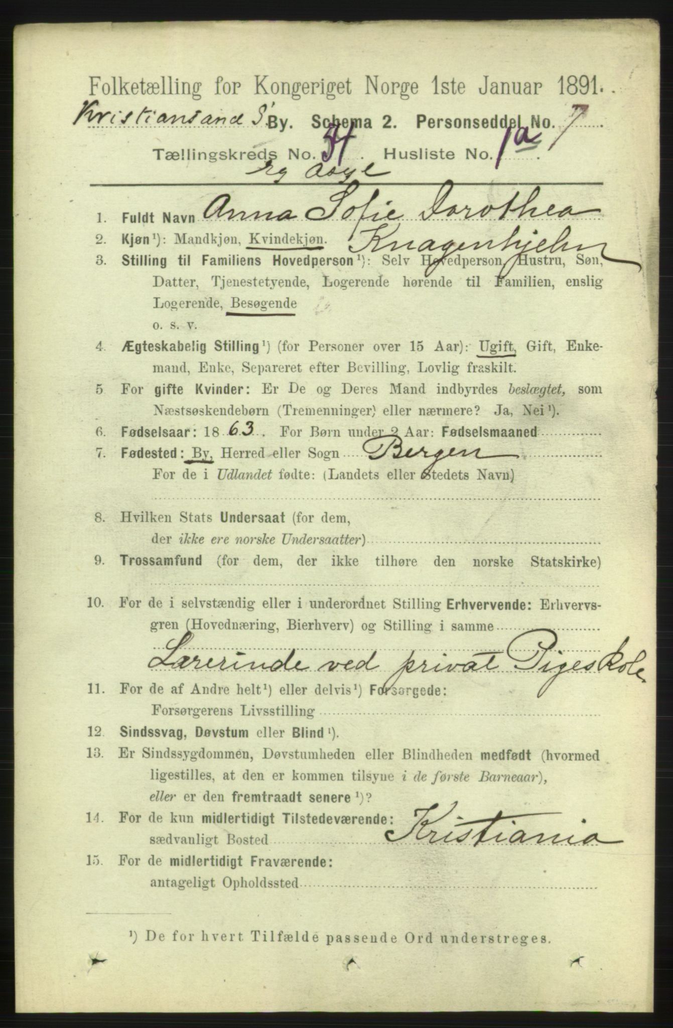 RA, 1891 census for 1001 Kristiansand, 1891, p. 15371