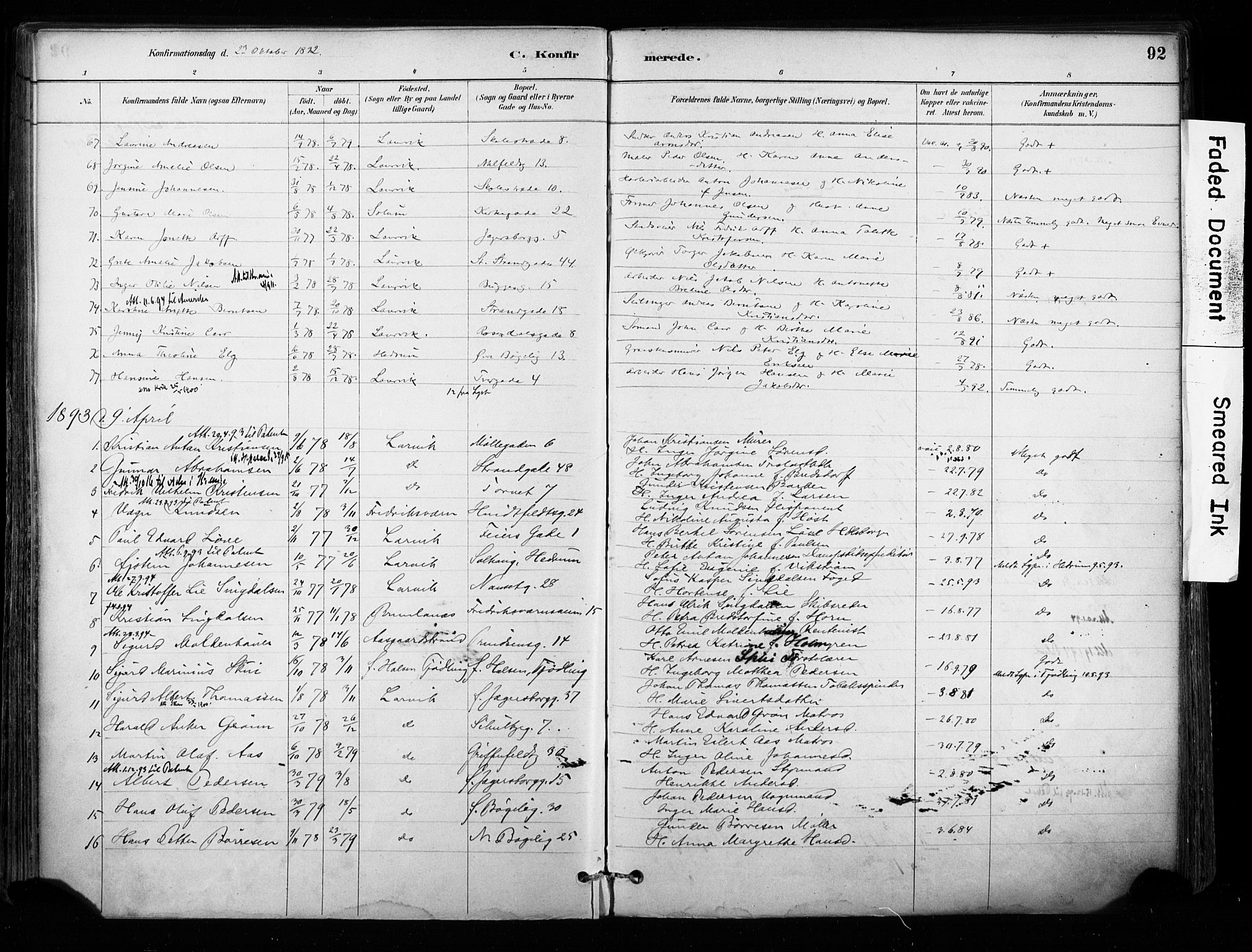 Larvik kirkebøker, SAKO/A-352/F/Fa/L0008: Parish register (official) no. I 8, 1884-1902, p. 92