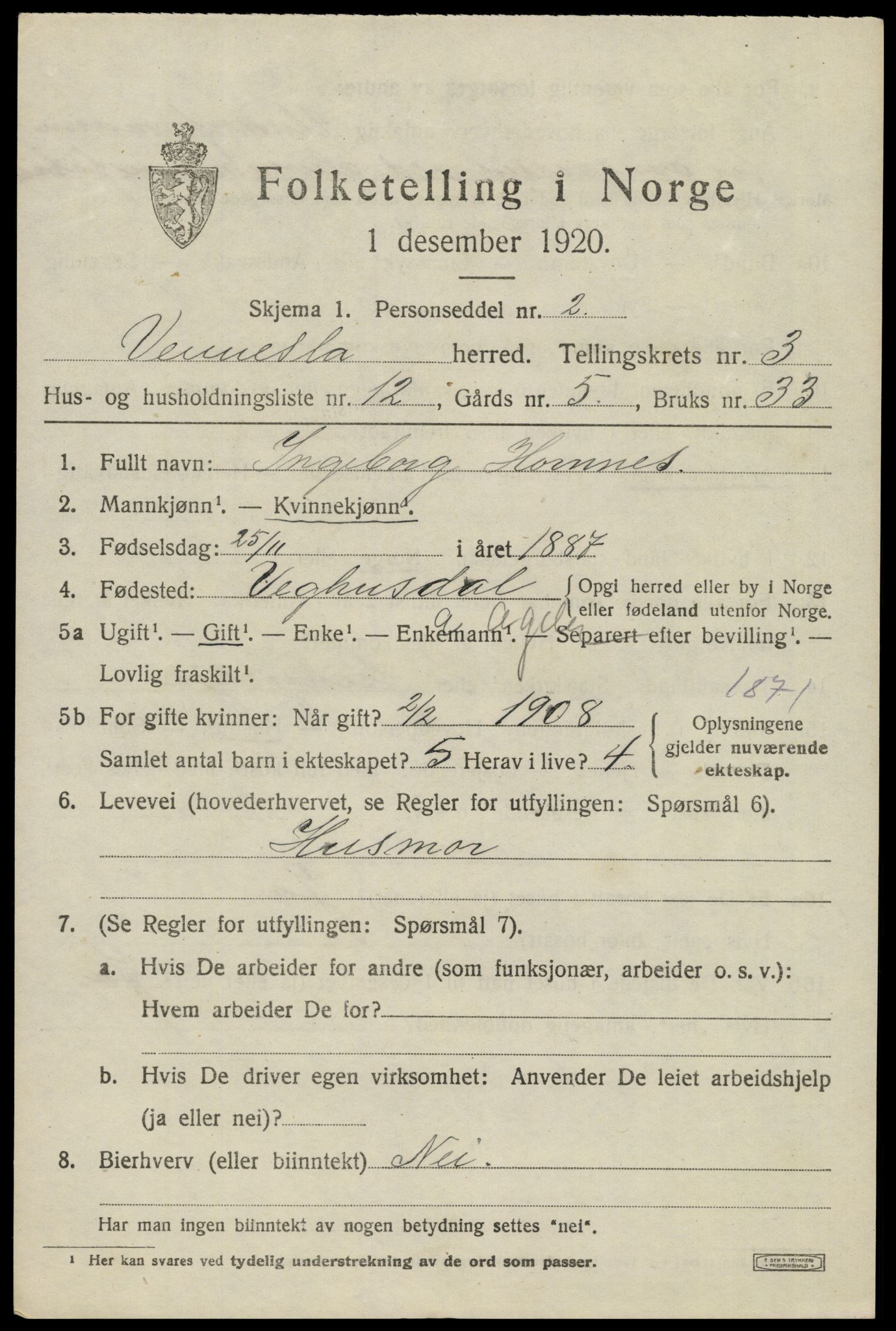 SAK, 1920 census for Vennesla, 1920, p. 2350