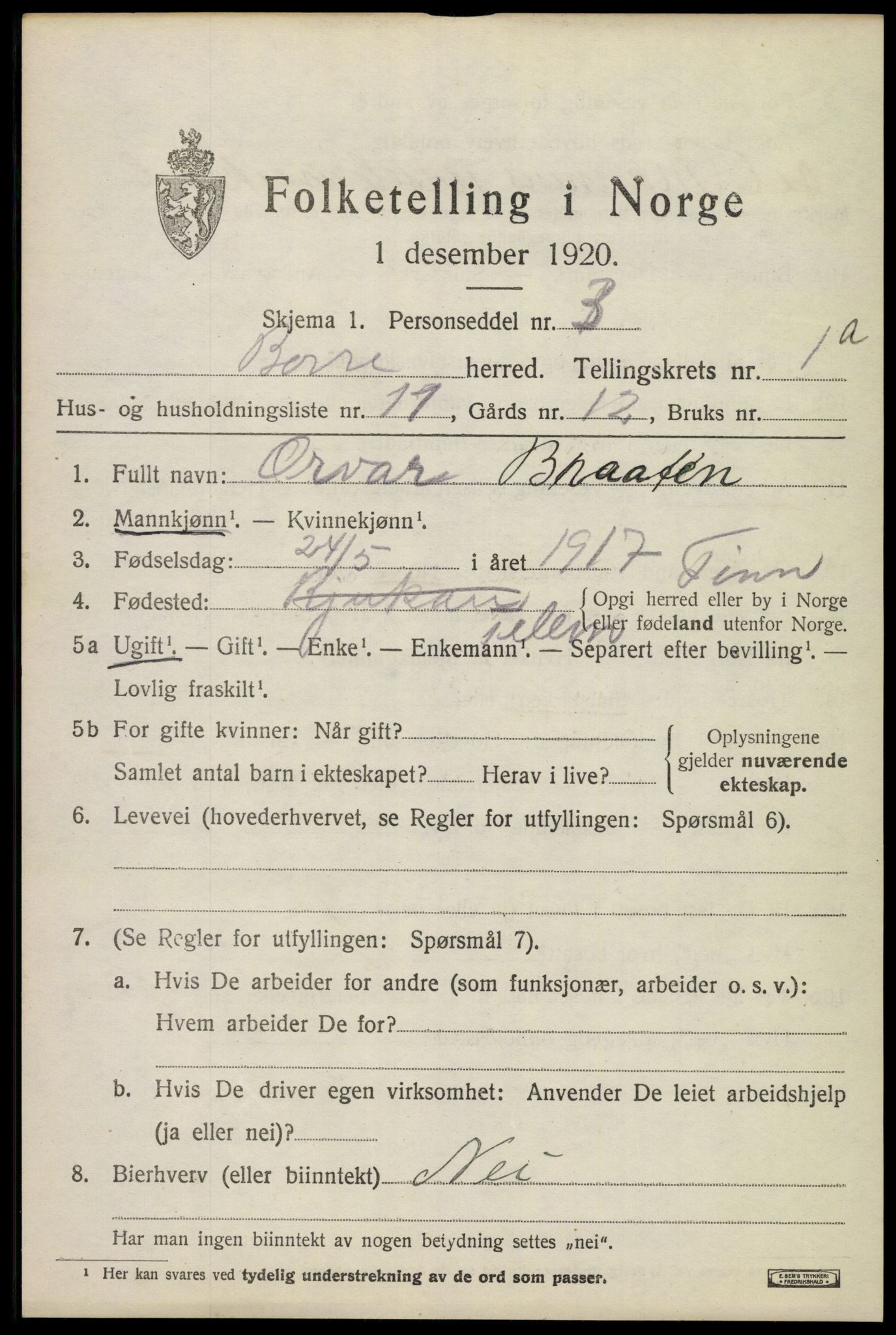 SAKO, 1920 census for Borre, 1920, p. 1554