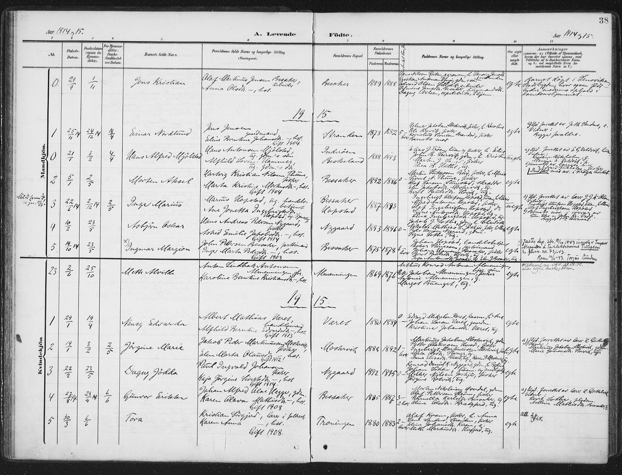 Ministerialprotokoller, klokkerbøker og fødselsregistre - Sør-Trøndelag, AV/SAT-A-1456/657/L0709: Parish register (official) no. 657A10, 1905-1919, p. 38