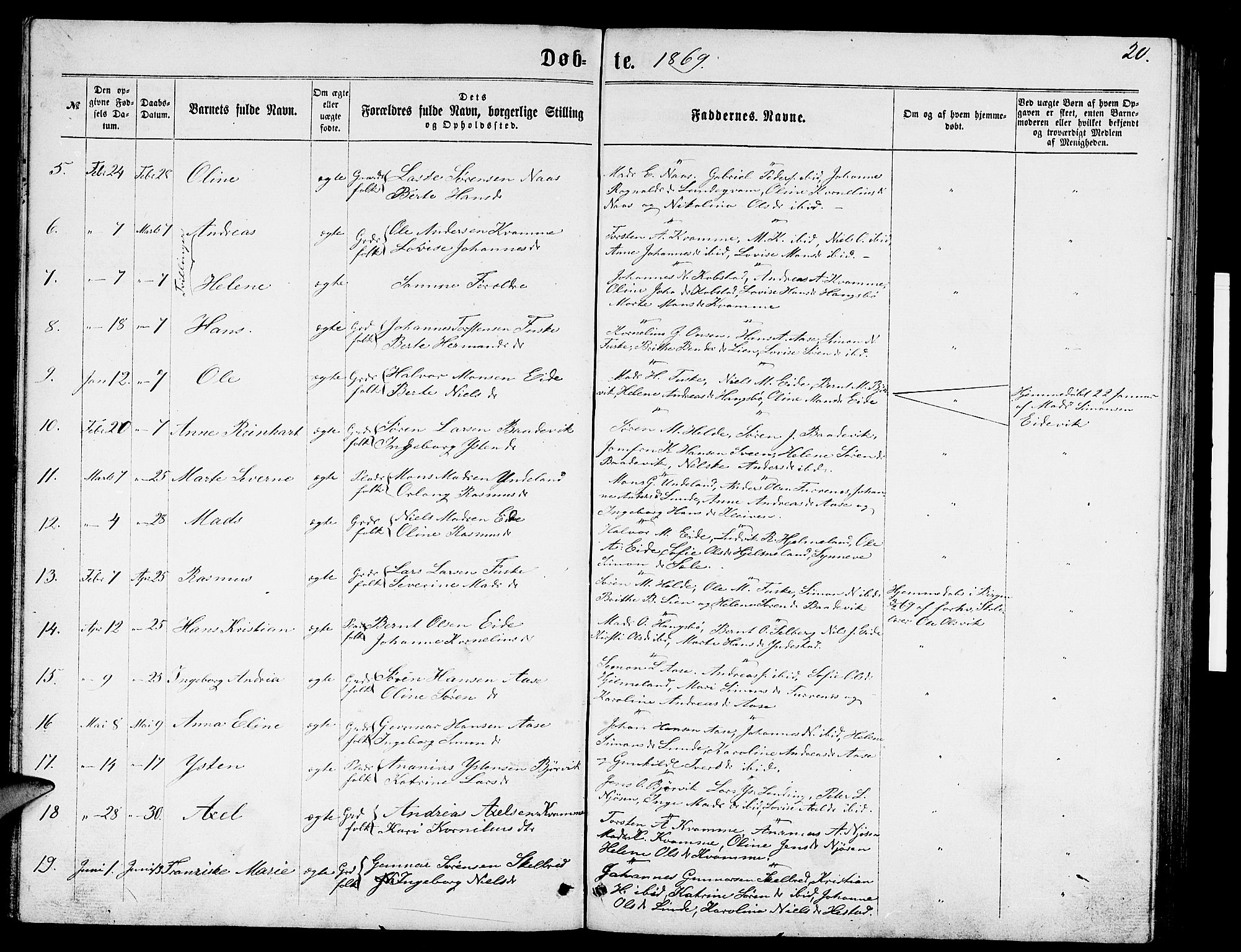 Gaular sokneprestembete, SAB/A-80001/H/Hab: Parish register (copy) no. B 2, 1863-1881, p. 20