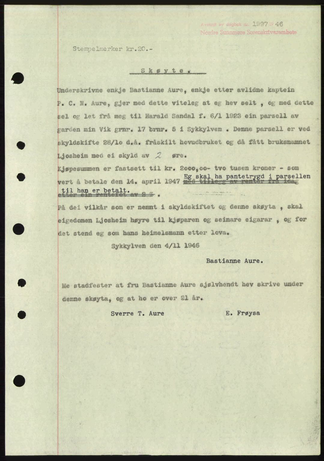 Nordre Sunnmøre sorenskriveri, AV/SAT-A-0006/1/2/2C/2Ca: Mortgage book no. A23, 1946-1947, Diary no: : 1997/1946